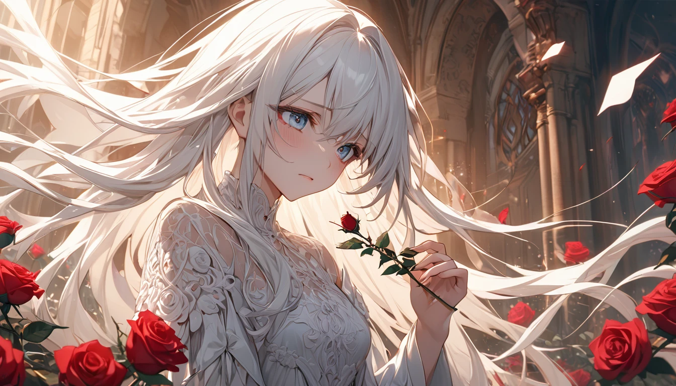 **100. One person。mysterious。Long-haired white-haired girl。Cowboy shot or close-up。
masterpiece , best quality , ultra detailed
(Detailed fingers), (Emotional), (Breathtakingly beautiful), (main part: 1.2 Whole body.), (Anime Style), (Very detailed), (Brutal), (超High resolution, High resolution), (8k), (High resolution: 1.2), (Complex and beautiful: 1.2)**
- background: Rose Maze、The road continues。
- Long-haired white-haired girl: An elegant dress with delicate details、Sparkling Eyes。holding a rose in her hand。
- Effects: Light emanating from a rose、The scent of roses drifting through the maze。
