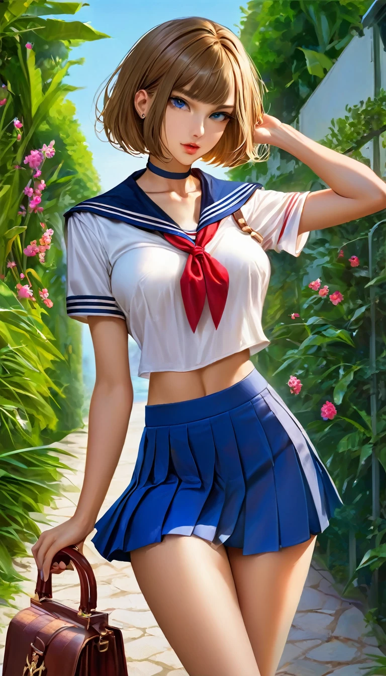 ((RAW photo), absurd, (absurdresolution)), Young woman, 21 years old, the most beautiful, (beautiful look, honey eyes, perfect sharp pupil, realistic), (short Bob haircut), ((blue pleated short skirt, white short shirt, sexy sailor outfit, belly)), handbag purse, (arm raised, V victory sign), (sexy pose, very pretty, leg slightly turned, looking at the camera), wide path, garden, high posts, bright colors, captivating woman, posing, medium sensuality,