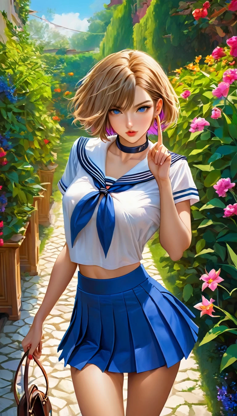 ((RAW photo), absurd, (absurdresolution)), Young woman, 21 years old, the most beautiful, (beautiful look, honey eyes, perfect sharp pupil, realistic), (short Bob haircut), ((blue pleated short skirt, white short shirt, sexy sailor outfit, belly)), handbag purse, (arm raised, V victory sign), (sexy pose, very pretty, leg slightly turned, looking at the camera), wide path, garden, high posts, bright colors, captivating woman, posing, medium sensuality,