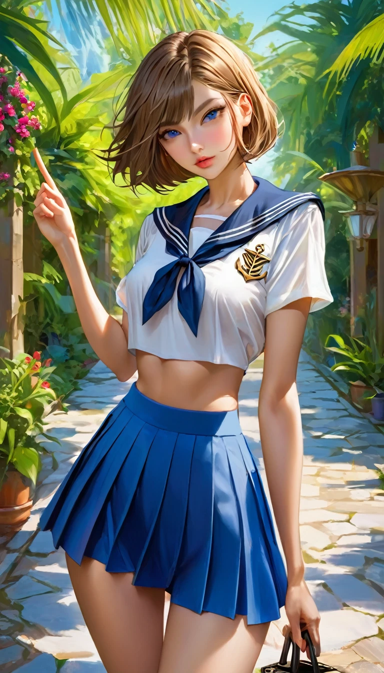 ((RAW photo), absurd, (absurdresolution)), Young woman, 21 years old, the most beautiful, (beautiful look, honey eyes, perfect sharp pupil, realistic), (short Bob haircut), ((blue pleated short skirt, white short shirt, sexy sailor outfit, belly)), handbag purse, (arm raised, V victory sign), (sexy pose, very pretty, leg slightly turned, looking at the camera), wide path, garden, high posts, bright colors, captivating woman, posing, medium sensuality,