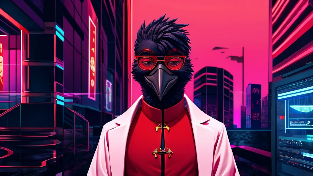 corvid, smiling in a sadistic and disturbing way, priest's suit with red stripes, red vest under the trench coat, round red glasses, background vaporwave.