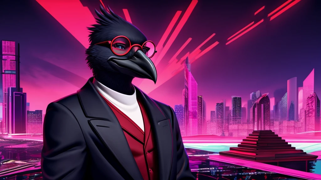 corvid, smiling in a sadistic and disturbing way, priest's suit with red stripes, red vest under the trench coat, round red glasses, background vaporwave.