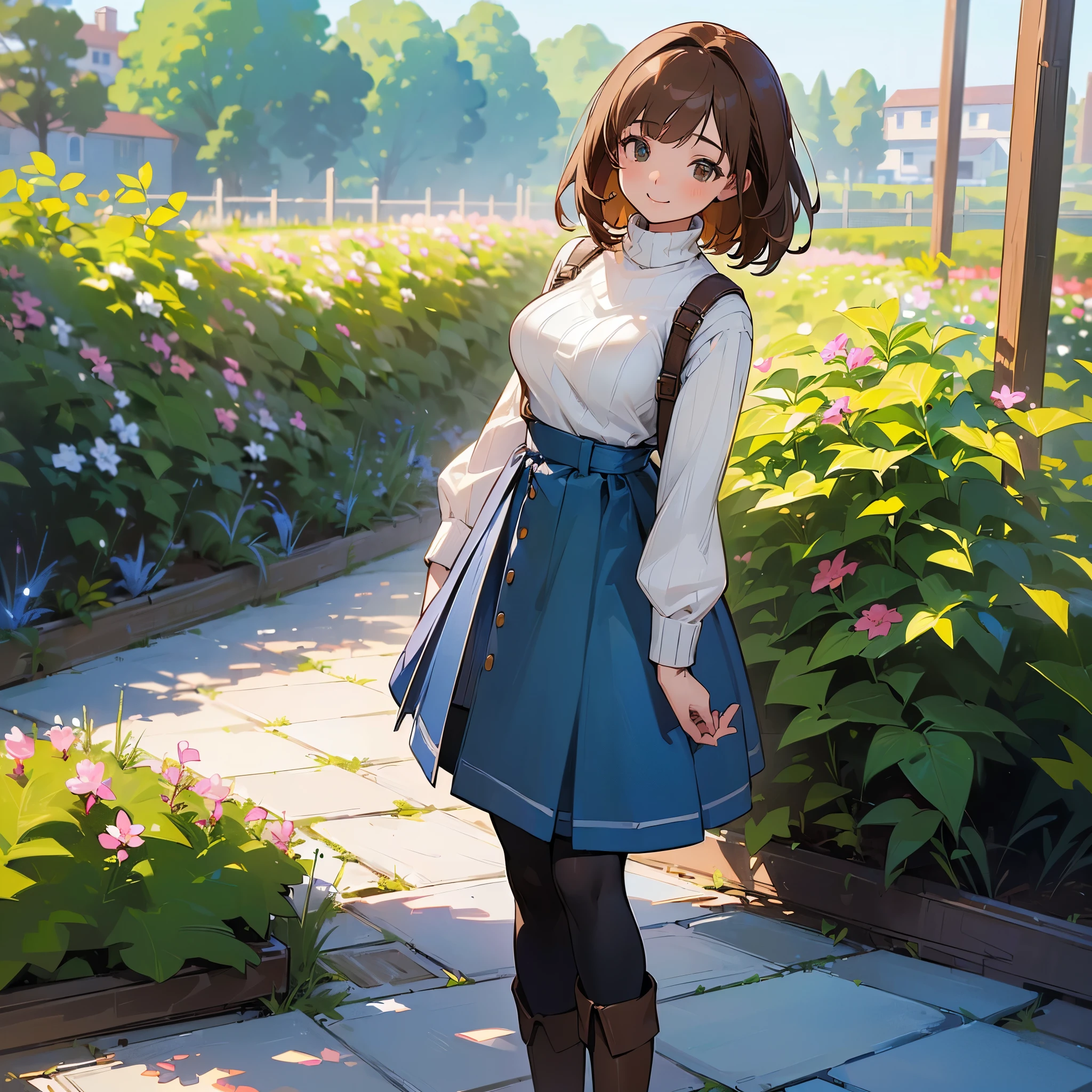 (high quality, High resolution, Very detailed, reality:1.37), Peaceful atmosphere, (Outdoor, garden), age girl standing alone, (my breasts are big.), Beautiful details, Cute Smile, (Brown bob hair), Ribbed sweater, Blue Skirt, Black tights, Brown boots.