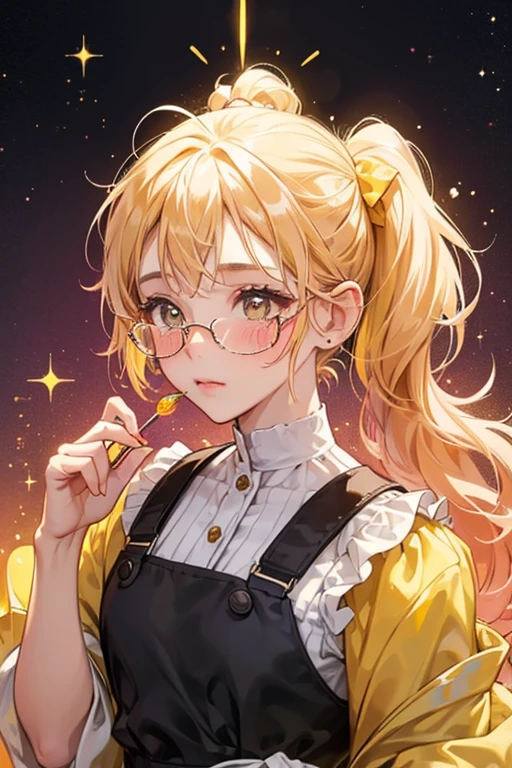 A yellow GIRL gummy bear with an basic expression, faint blushed cheeks and a pair of desert-colored glasses. She is coated with glitter from the middle of her body to her ears. She has some hair on the top of her head tied into a pigtail. SPARKLE; GLITTER
