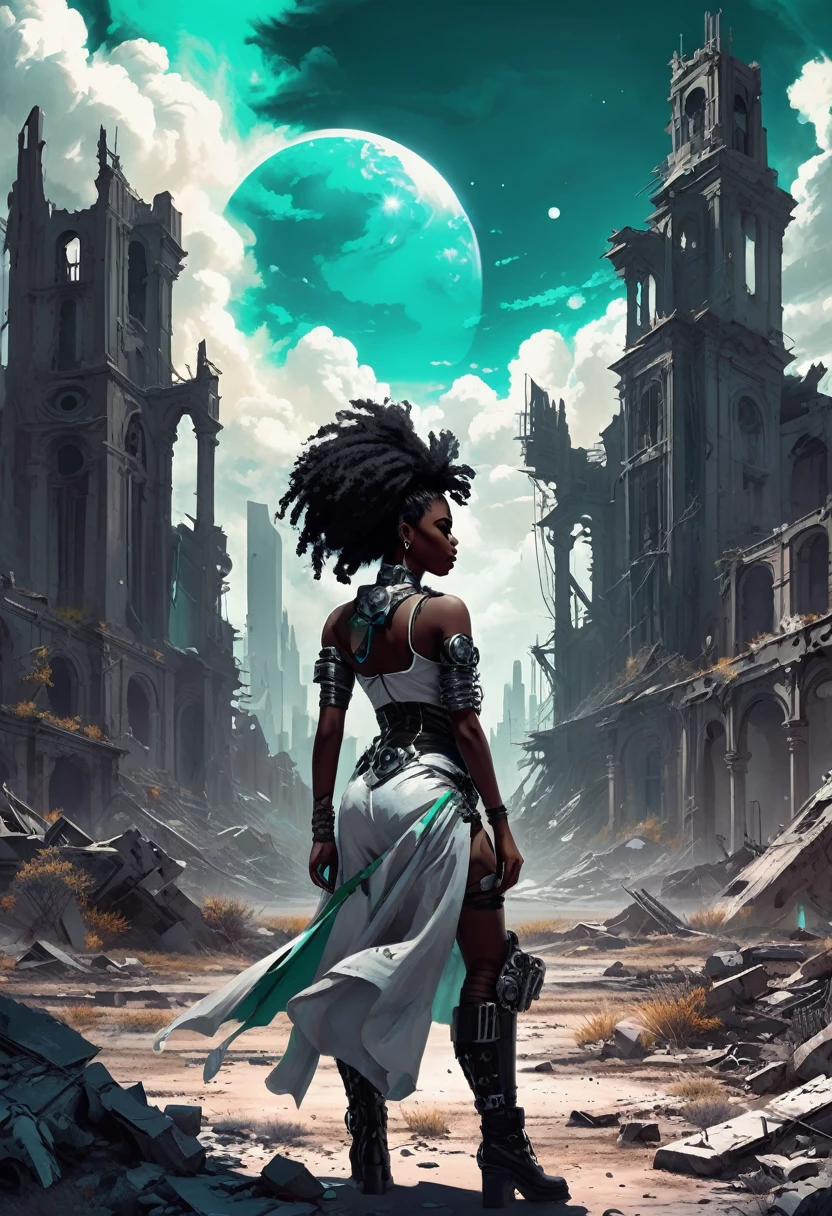 style: Black and White, Punk, Solarpunk, Neonpunk, SteamPunk, cyberpunk,
Subject: A lone black woman stands amidst a desolate landscape, surrounded by the ruins of a grand, overgrown city. The atmosphere is charged with energy, as if gleaming under a celestial spotlight, and the sky above is a canvas of vibrant emerald and turquoise clouds. The figure's silhouette is a study in elegant lines and understated sophistication, contrasting against the dramatic backdrop of a world in decline.
