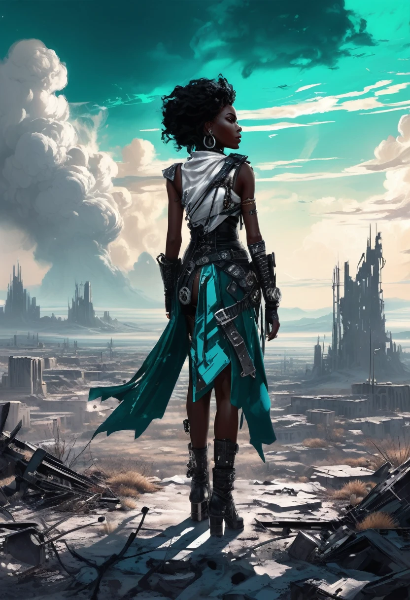 style: Black and White, Punk, Solarpunk, Neonpunk, SteamPunk, cyberpunk,
Subject: A lone black woman stands amidst a desolate landscape, surrounded by the ruins of a grand, overgrown city. The atmosphere is charged with energy, as if gleaming under a celestial spotlight, and the sky above is a canvas of vibrant emerald and turquoise clouds. The figure's silhouette is a study in elegant lines and understated sophistication, contrasting against the dramatic backdrop of a world in decline.