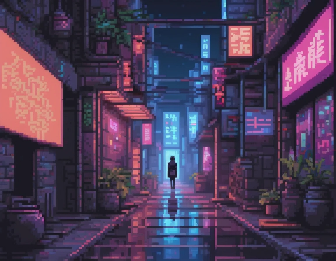 Cybernetic Serenity, A cyberpunk-infused scene contrasting urban chaos with the serenity of a lone figure meditating amidst neon-lit alleyways., stunning award-winning pixel art, trending on pixilart