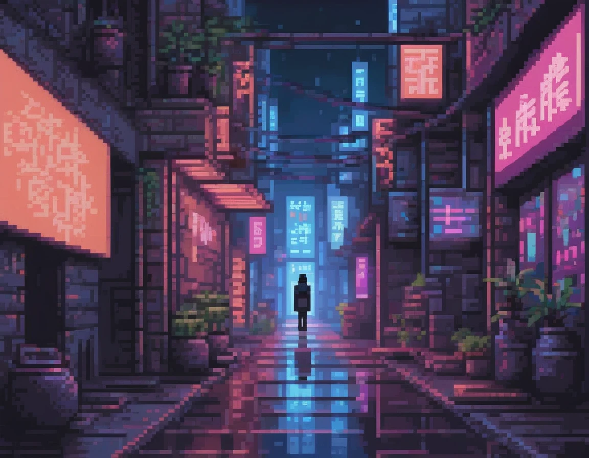 Cybernetic Serenity, A cyberpunk-infused scene contrasting urban chaos with the serenity of a lone figure meditating amidst neon-lit alleyways., stunning award-winning pixel art, trending on pixilart