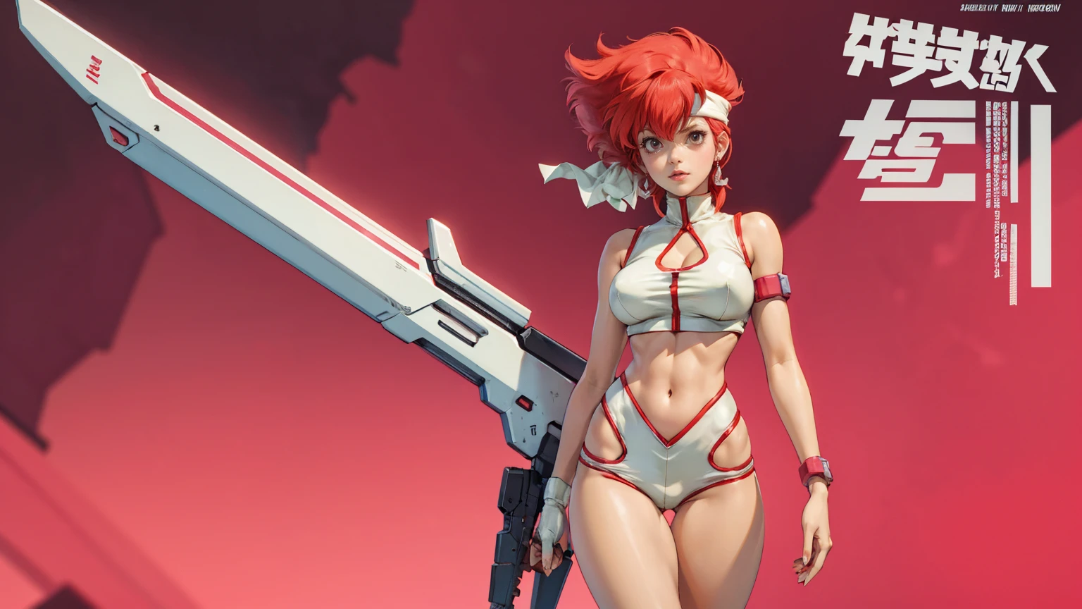 Kei from The Dirty Pair, , wearing a tight outfit, frame, legs, medium breast, red hair beauty, cyberpunk city background, holding retro space-gun, headband, slim waist, slim thighs, thigh gap