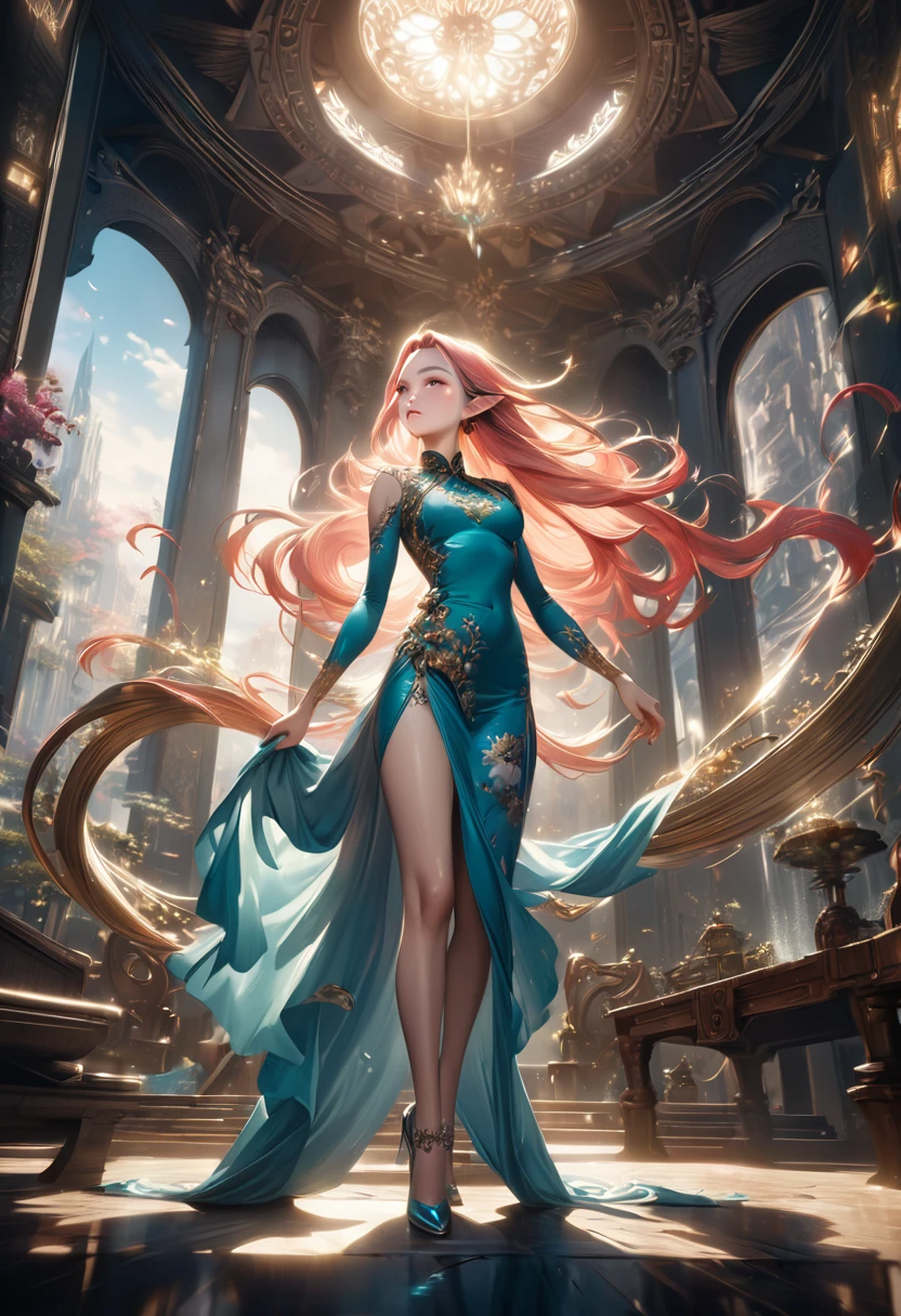 A beautiful girl with a mechanical body, wearing a Japanese school uniform, a bodysuit, a qipao dress, high heels, and gloves, (best quality,4k,8k,highres,masterpiece:1.2),ultra-detailed,(realistic,photorealistic,photo-realistic:1.37),beautiful detailed eyes,beautiful detailed lips,extremely detailed eyes and face,longeyelashes,intricate detailed mechanical body, elegant pose, cinematic lighting, vibrant colors, digital art, concept art