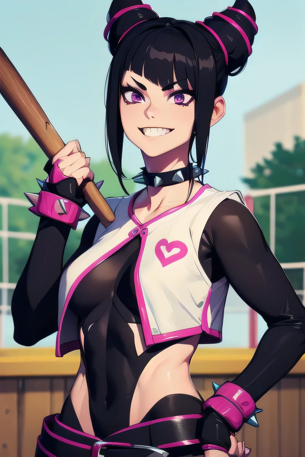 Juri , black hair, two tone hair, hair horns, purple eyes, spiked bracelet, spiked collar, fingerless gloves, white vest, black leotard, pants, belt, toeless legwear, 1girl, solo, upper body, facing viewer, looking at viewer, evil smile, evil wicked smile over the top holding a wooden baseball bat with both hands, baseball bat complete in image, swinging baseball bat