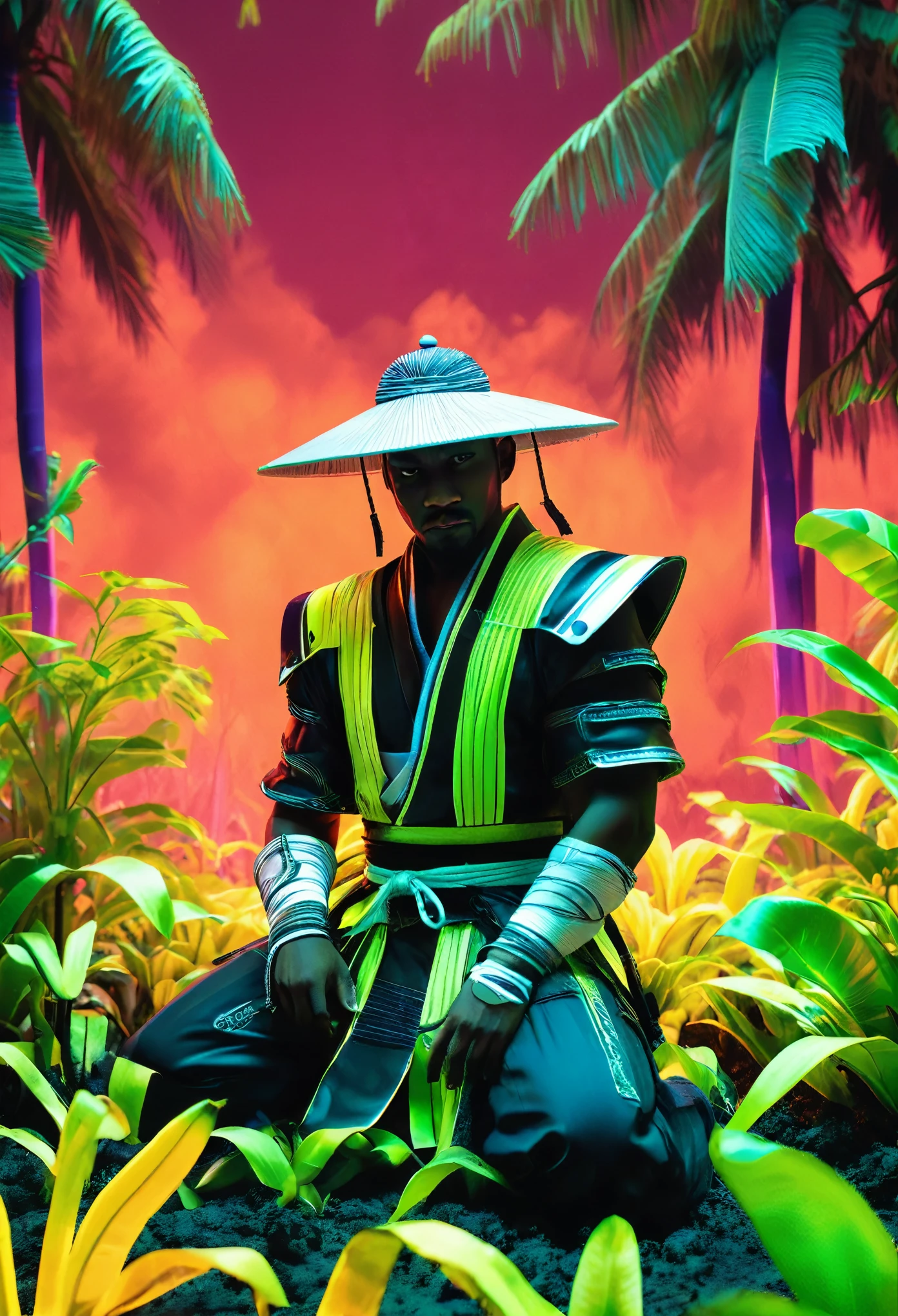 Dramatic and atmospheric image featuring a lone black man samurai kneeling in a neon lit banana plantation. The style is highly detailed and cinematic, with a focus on the contrast between the dark, armored figure and the vibrant neon lit green leaves falling around him. The samurai wears traditional armor and a straw hat, obscuring his facial features, adding to the mysterious and intense mood. The background is a misty neon lit banana plantation, creating a sense of depth and isolation. The neon lit green leaves are a striking visual element, scattered on the ground and in the air, enhancing the overall composition and mood of the scene.