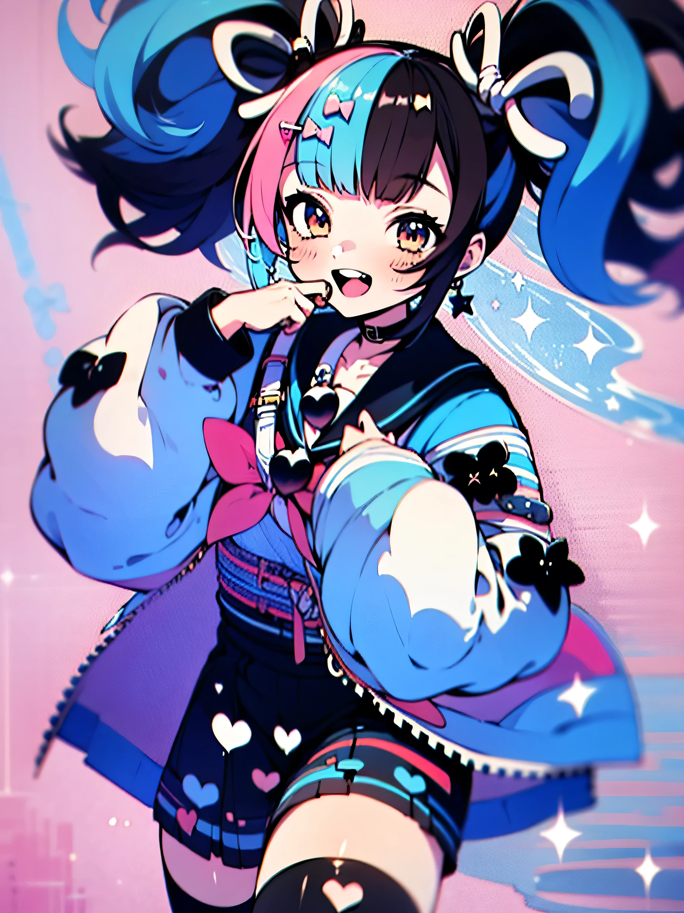 absurdres, uhd, best quality, CG, HDR, 1girl, cowboy shot, sei, jacket with black flowers on sleeves, sailor collar, serafuku, shirt, kimono skirt with hem, obi, twintails, smiling, (((open mouth))), halfbody, portrait, ice cream, napolitan flavor, ((color palette: brown, pink, vanilla off-white)), pretty, hearts, sparkles, star effects, bokeh, cute, happy, jumping floating, pattern background, ice cream shop, icecream car, 🍦🍨🍭, tasty trifecta of classic ice cream flavors, decora, hairclips, harajuku fashion outfit, harajuku, eating ice cream, ice cream bar