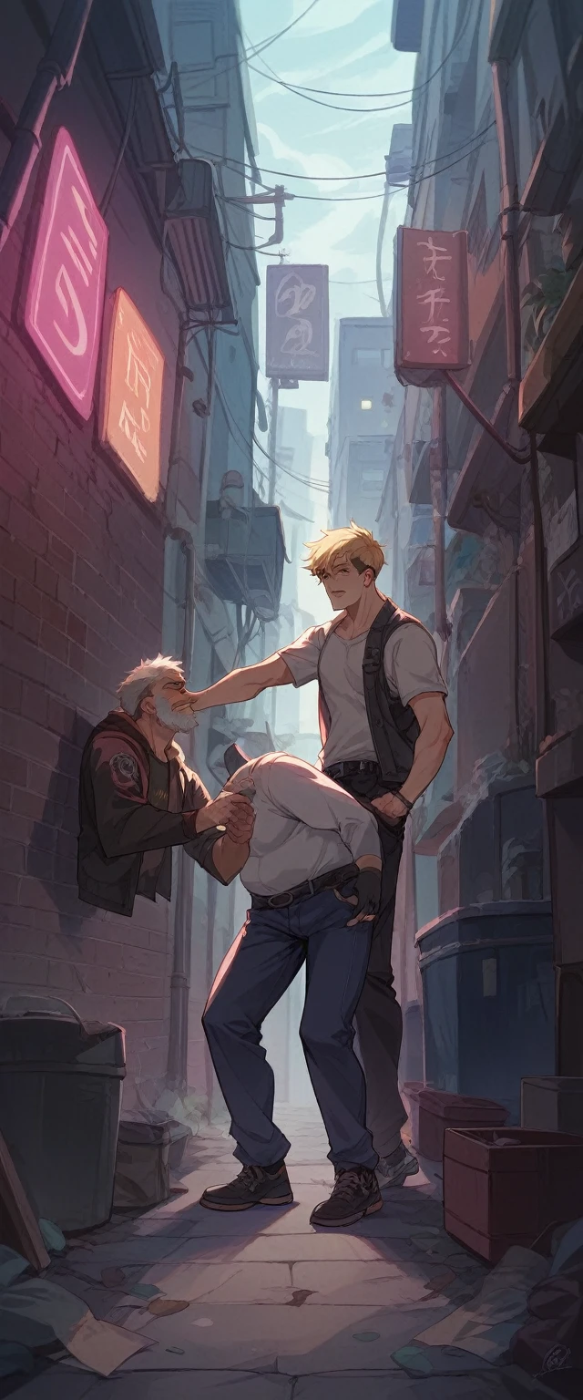 cyber punk、night、Alley、tobacco、20Year old man、Short Hair Care、Blonde、Characteristic、bike、neon、Shadow、4K