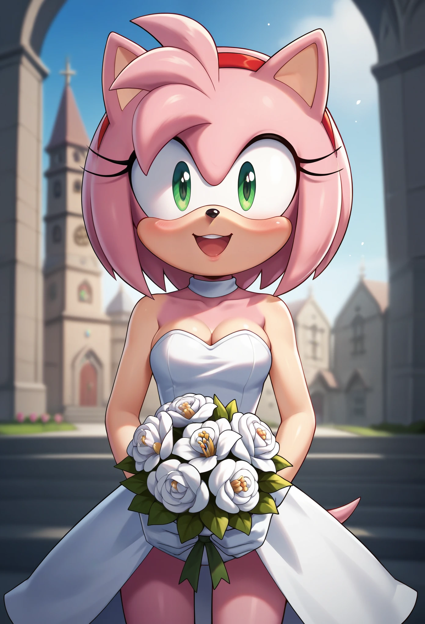 score_9, score_8_up, score_7_up, score_6_up, score_5_up, score_4_up, amy rose, (front view), (short body), anthro furry, pink fur, green eyes, hedgehog ears, small tail, pink tail, (wearing a white wedding dress), strapless, white sleeve gloves, sexy curves, big head, (solo), (standing), (shy), (blush) (seductive pose), (holding a bouquet of flowers), open mouth, smile, happy, (looking at viewer), (church background)