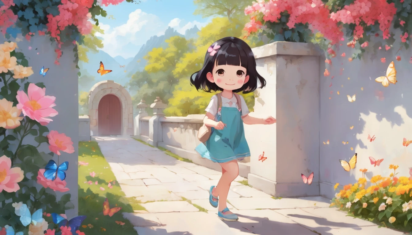 There is a wall in the background、There are beautiful paintings on the walls、A cute girl walking in front of the wall、Walking with a smile、Cute Shoes、splash、Flower Hair Ornaments、Butterfly Hair Ornament、Shooting from the side、Bright colors、Studio Lighting、Physically Based Rendering