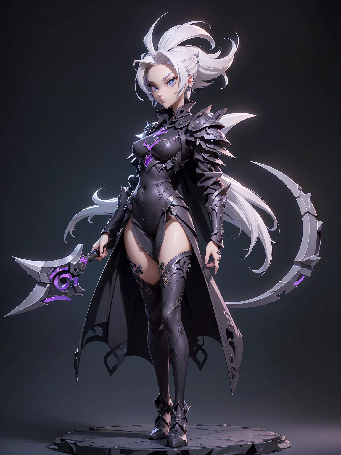 (((masterpiece, best quality, high detailed, 16k))) (1girl) A breathtakingly beautiful young slender girl with short stylish white hair and piercing eyes. She wears a demonic armor in purple black and white. wields a large stylized scythe. ((full body front view)), (extremely detailed:1.5)