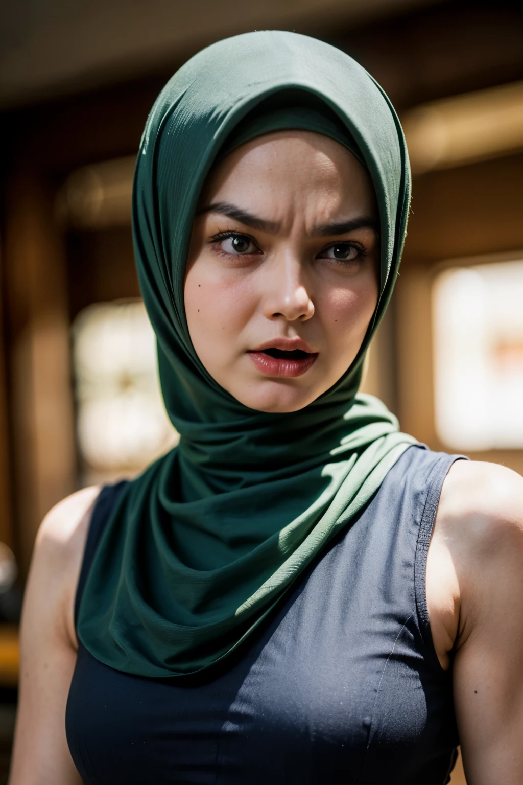 ((ANGRY FACE EXPRESSION :1.5)), ((ULTRA RESOLUTION)), ((UHD)), ((8K)), ((((HALF BODY PORTRAIT)))), ((BUSTY BREASTS)) A very angry facial reaction (NAKED GREEN HIJAB), (()) NAKED AT RIVER, (THIN SMALL TINY TITS), (THIN SMALL TINY TITS), (THIN SMALL TINY TITS), (THIN SMALL TINY TITS), VERY Thin Body, (DARK SKIN :1.2), ((Arm Muscles :1.4))