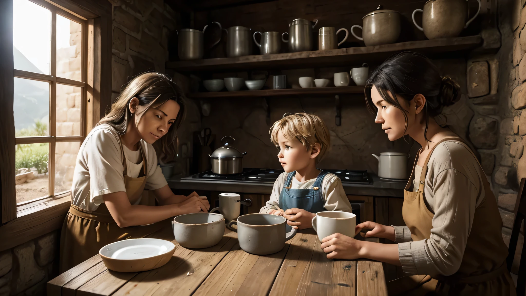 A middle-aged mother, with gentle wrinkles and wise eyes, is sitting at the kitchen table of her small wattle and daub house, talking with her young son. The kitchen is simple, with clay walls and a dirt floor, but cozy. Rustic shelves display old pots, and sunlight streams through a small window. The mother, wearing a cotton dress, holds a mug of hot tea, while the son, with curious eyes, listens attentively. She speaks about life's battles and shares lessons of perseverance and courage. In the background, a pot is boiling on the wood stove, and the small house is a haven of love and wisdom, preparing the son for future challenges.