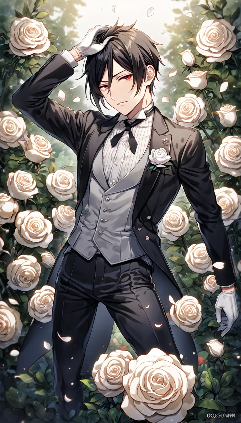 Ultra detailed, Highres, absurdres, HDR, master piece, best quality, Sebastian Michaelis, black hair, expressive red eyes, black jacket, grey vest, white shirt, black pants, Kuroshitsuji, sexy man, white petals, white roses, garden, handsome, sensual, garden of roses, white gloves, Black Butler,
