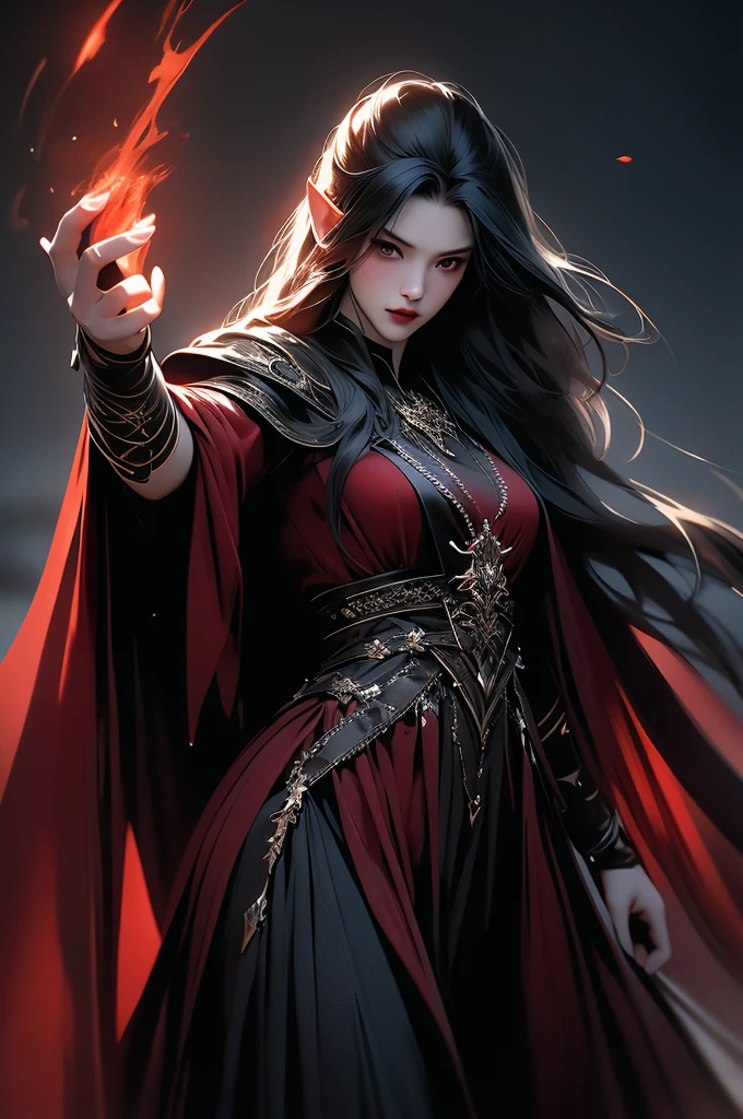 8k,vampire woman in the underworld,vampire demon slayer woman,Super beautiful(like the real thing),sharp red eyes(red glowing effect),pale skin(超realistic skin),vampire big fangs,pointed ears,Sexy costume,black cloak long black ragged hair,masterpiece,Photorealistic RAW photos of the highest quality, dark colors, cinematic lighting, film grain, to be born, 50mm lens, Nikon D850,realistic skin,fantasy art,character art,ultra high resolution,realistic scale skin,Perfect hand shape,view audience,dynamic action pose,fighting pose,sexly,