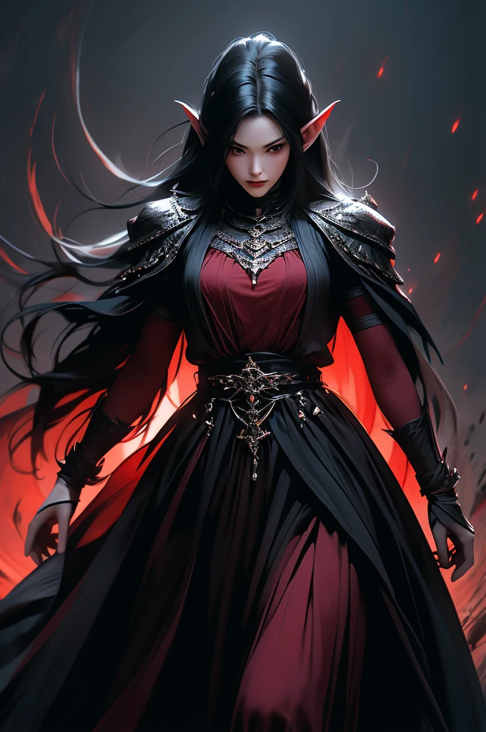 8k,vampire woman in the underworld,vampire demon slayer woman,Super beautiful(like the real thing),sharp red eyes(red glowing effect),pale skin(超realistic skin),vampire big fangs,pointed ears,Sexy costume,black cloak long black ragged hair,masterpiece,Photorealistic RAW photos of the highest quality, dark colors, cinematic lighting, film grain, to be born, 50mm lens, Nikon D850,realistic skin,fantasy art,character art,ultra high resolution,realistic scale skin,Perfect hand shape,view audience,dynamic action pose,fighting pose,sexly,
