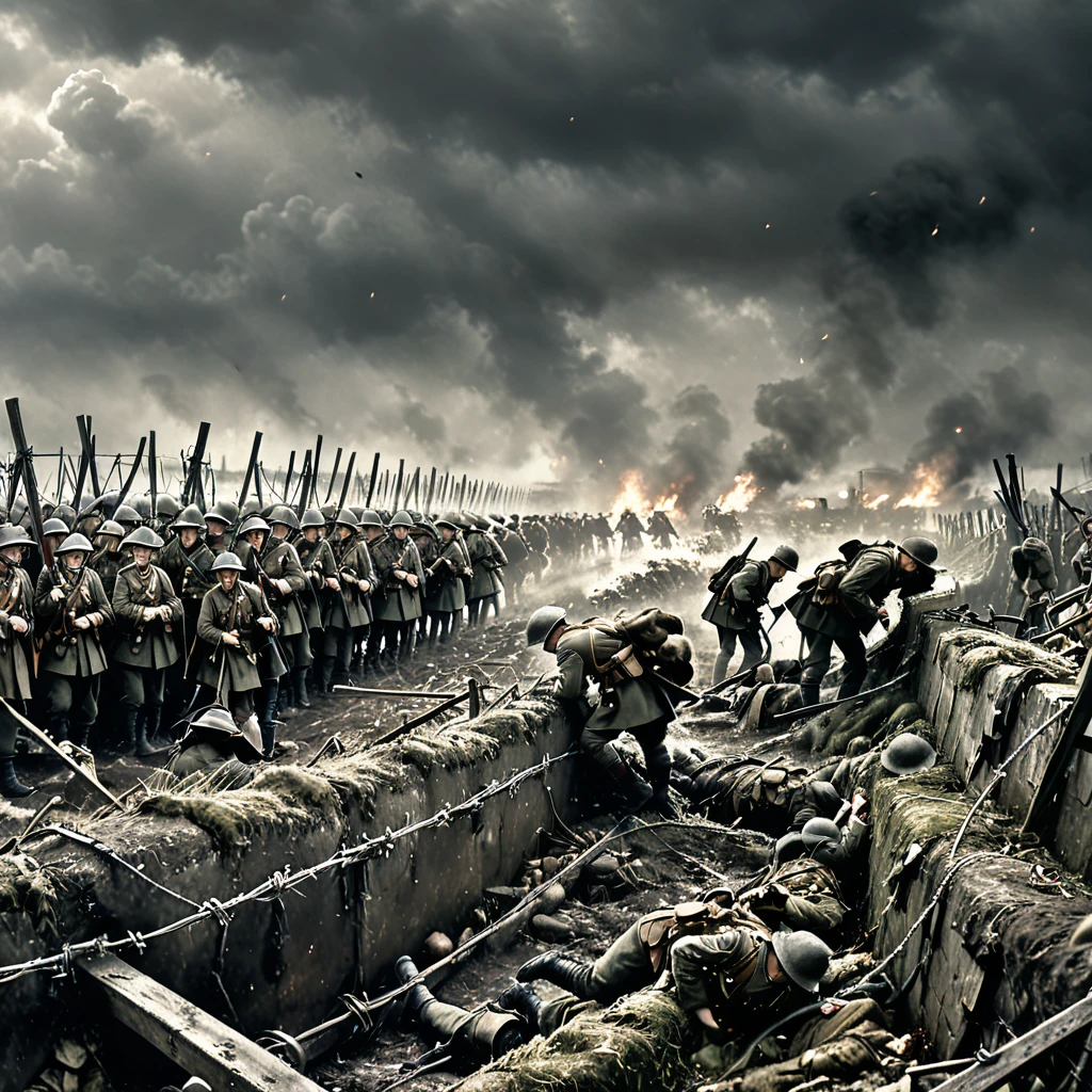 a widescreen oil painting of the 1916 battle of ypres, world war i, soldiers in trenches, barbed wire, overcast sky, somber battlefield, weary fatigued soldiers, quiet desolation, detailed realism, muted colors, dramatic lighting, cinematic composition, gritty war scene, historical accuracy, masterpiece, 8k, photorealistic, professional digital art