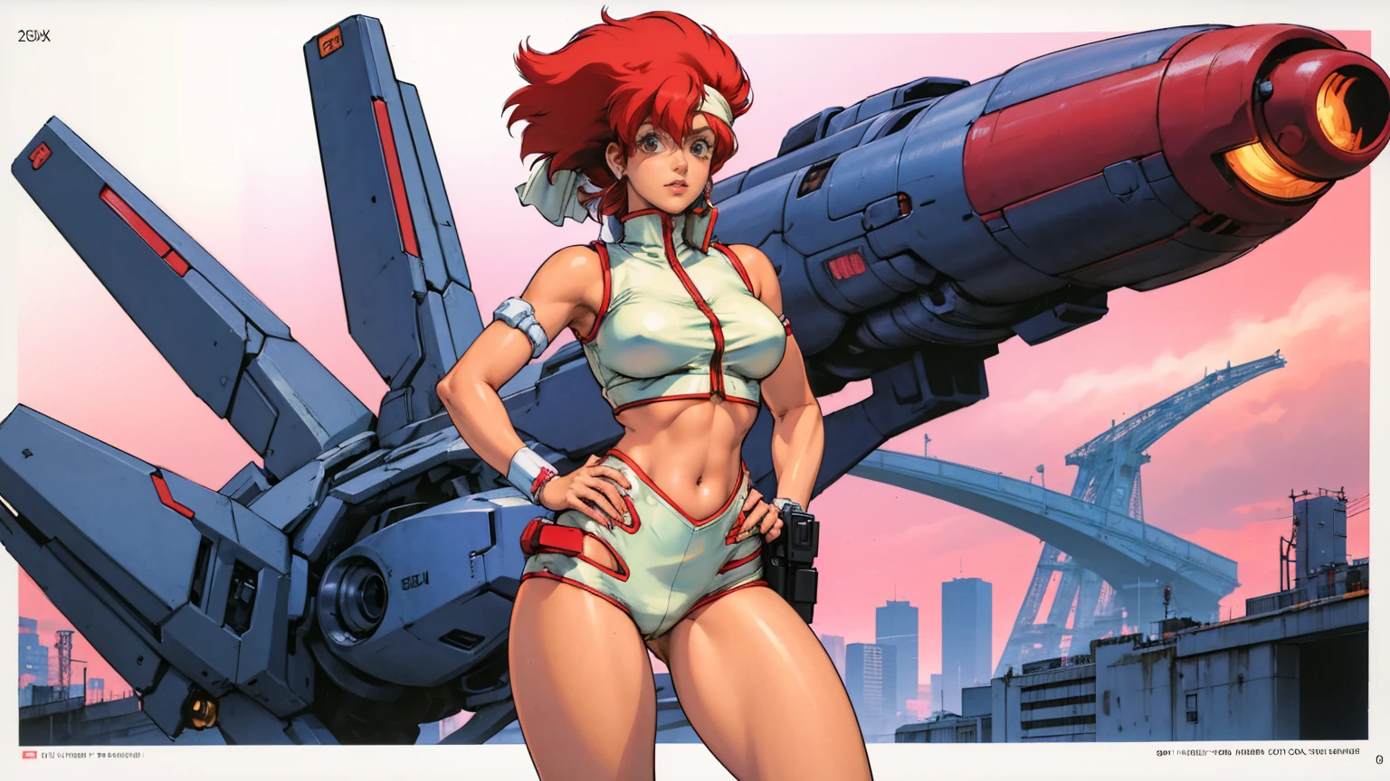 Kei from The Dirty Pair, , wearing a tight outfit, frame, legs, medium breast, red hair beauty, cyberpunk city background, holding retro space-gun, headband, slim waist, slim thighs, thigh gap