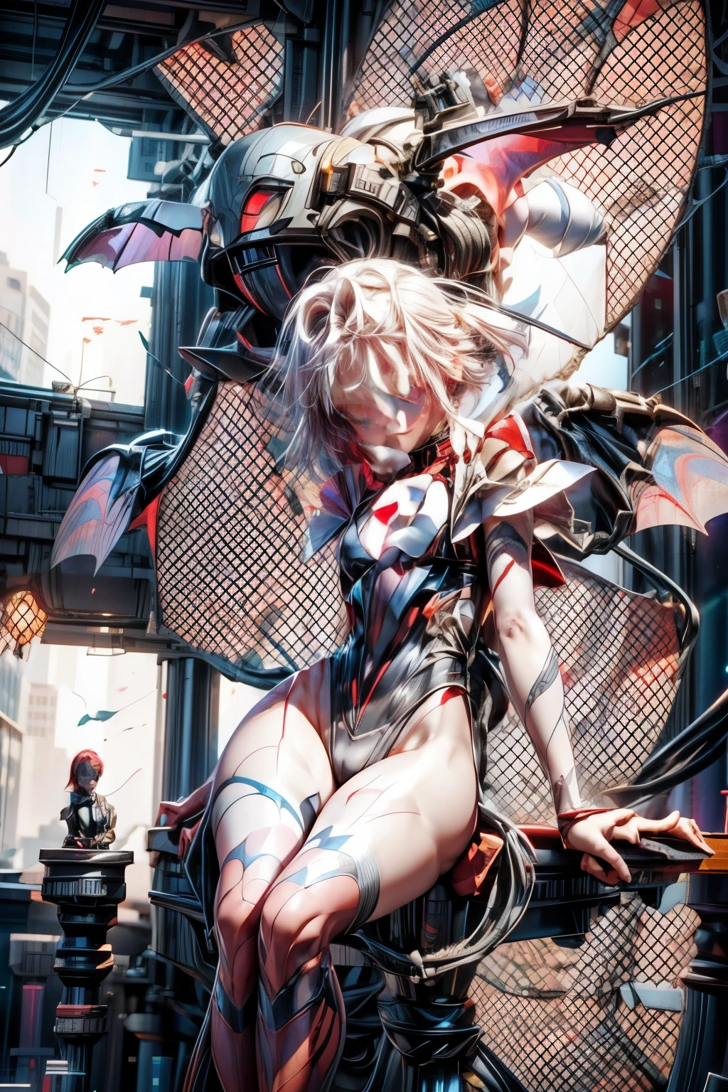 appearence a teenage girl eyes,albino,calm,quiet,cute,pretty,full body,looking ahead,short hair combed back,red outfit,black short,tied hair,spider verse suit,serious look,cyberpunk background