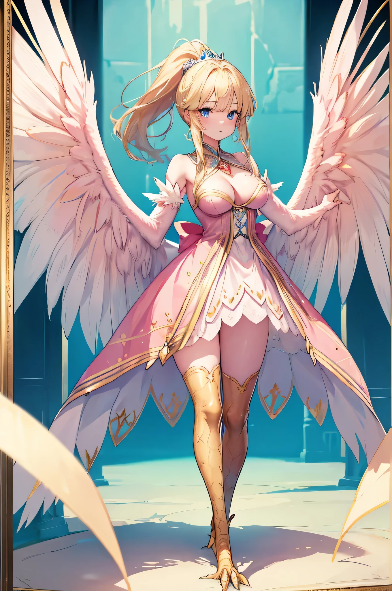 4K,High resolution,One Woman,Harpy,Blonde,Long Ponytail,Blue Eyes,Big Breasts,White Wings,Golden toenails,princess,Pink Dress,Jeweled clothing,princessのティアラ,Medieval castle town