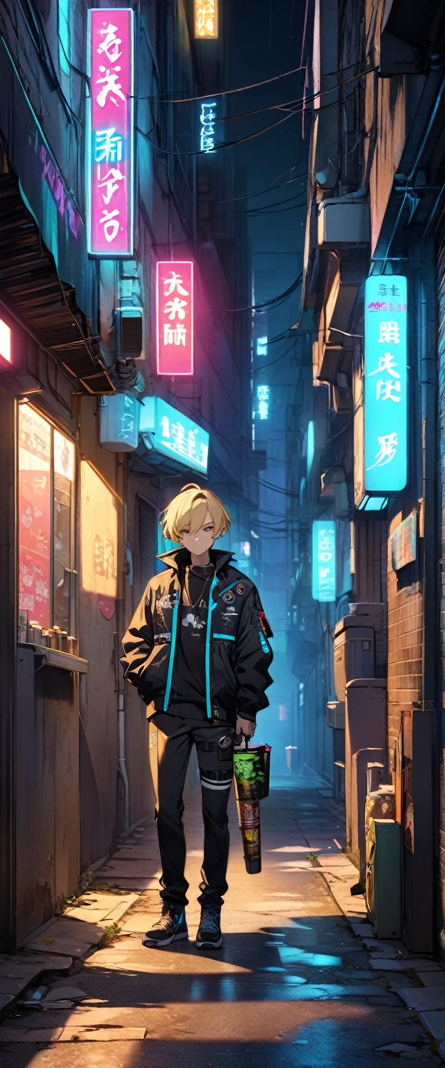 cyber punk、night、Alley、tobacco、２０Year old man、Short Hair Care、Blonde、Characteristic、bike、neon、Shadow、4K
