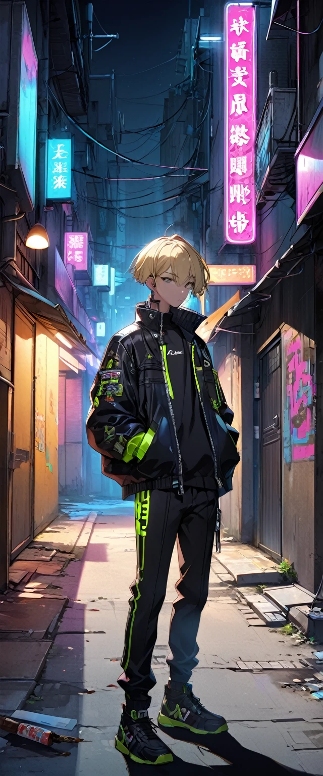 cyber punk、night、Alley、tobacco、20Year old man、Short Hair Care、Blonde、Characteristic、bike、neon、Shadow、4K
