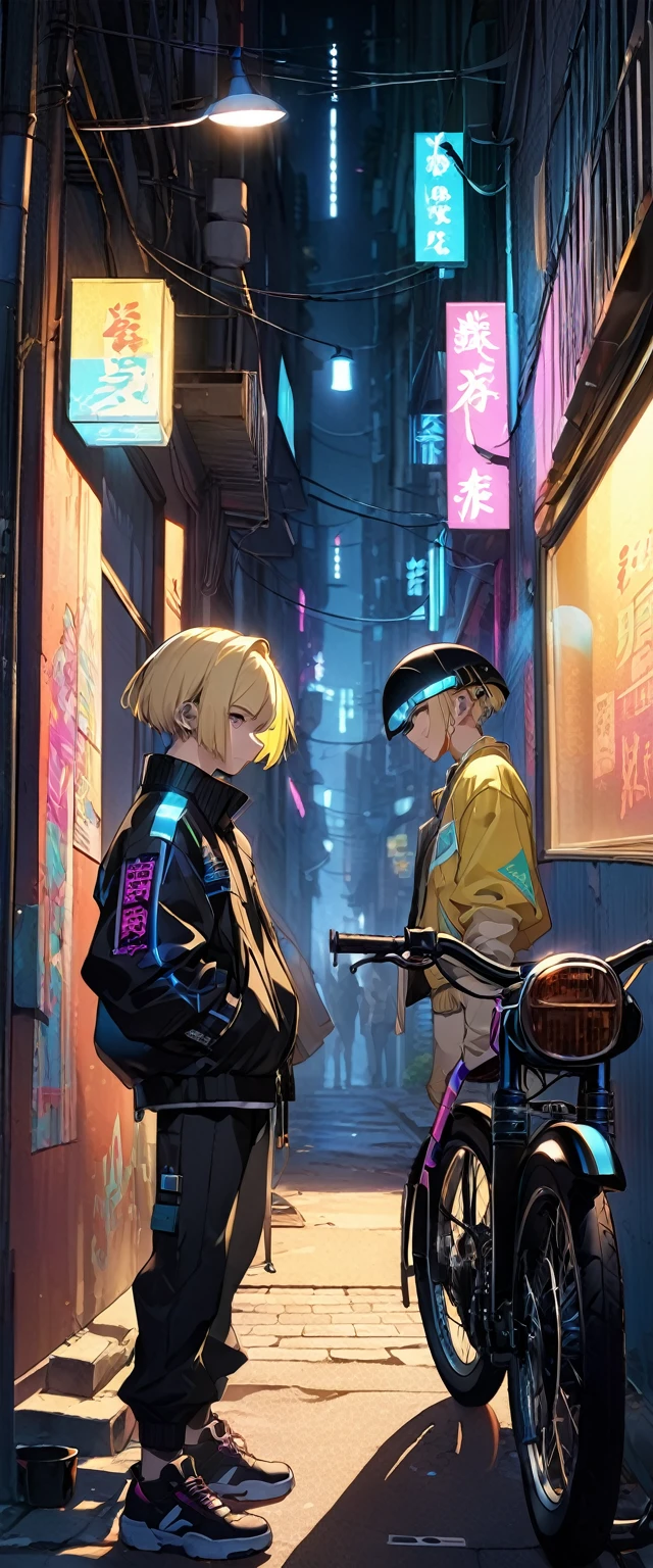 cyber punk、night、Alley、tobacco、20Year old man、Short Hair Care、Blonde、Characteristic、bike、neon、Shadow、4K