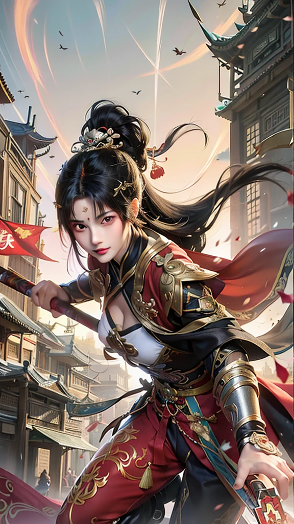 Anime - Stylized image of a woman with a sword in the city,Beautiful as a flower, Jan J, ArtJam and Luan Jia, Inspired by Du Qiong, g lillian art style, Luan Jia and ArtJam, Highly detailed art gems, Xianxia Hero, Li Song, author:Ku Rayleigh, Chengwei Pan at Art Station