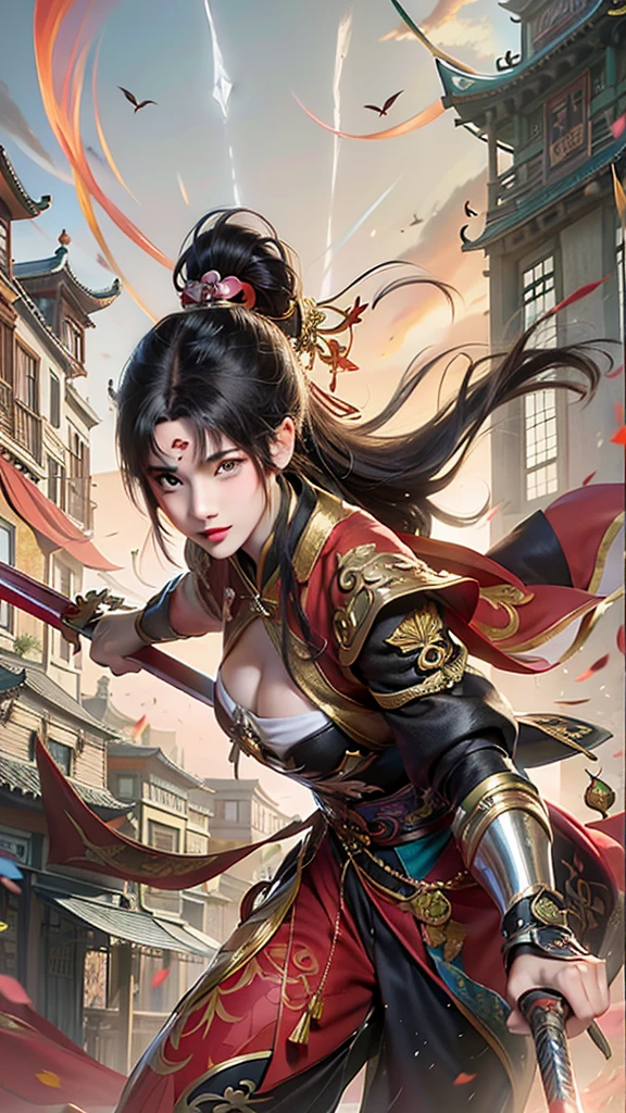 Anime - Stylized image of a woman with a sword in the city,Beautiful as a flower, Jan J, ArtJam and Luan Jia, Inspired by Du Qiong, g lillian art style, Luan Jia and ArtJam, Highly detailed art gems, Xianxia Hero, Li Song, author:Ku Rayleigh, Chengwei Pan at Art Station
