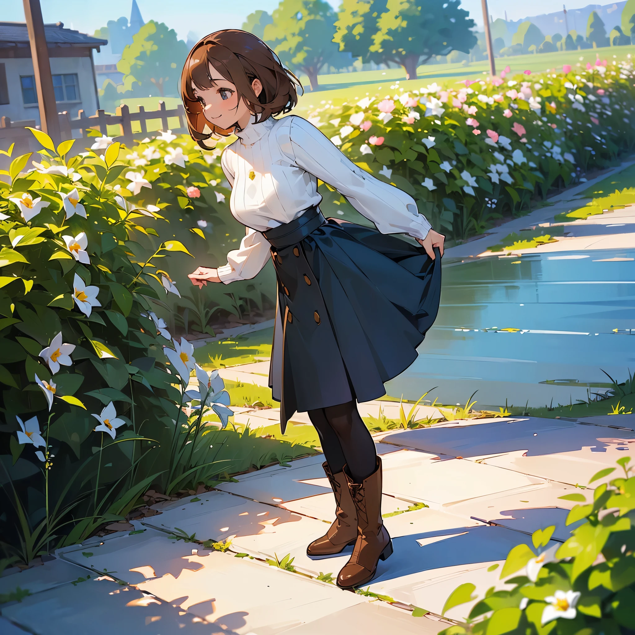 (high quality, High resolution, Very detailed, reality:1.37), Peaceful atmosphere, (Outdoor, garden), Teenage girl standing alone, (my breasts are big.), Beautiful details, Cute Smile, (Brown bob hair), Ribbed sweater, Blue Skirt, Black tights, Brown boots.