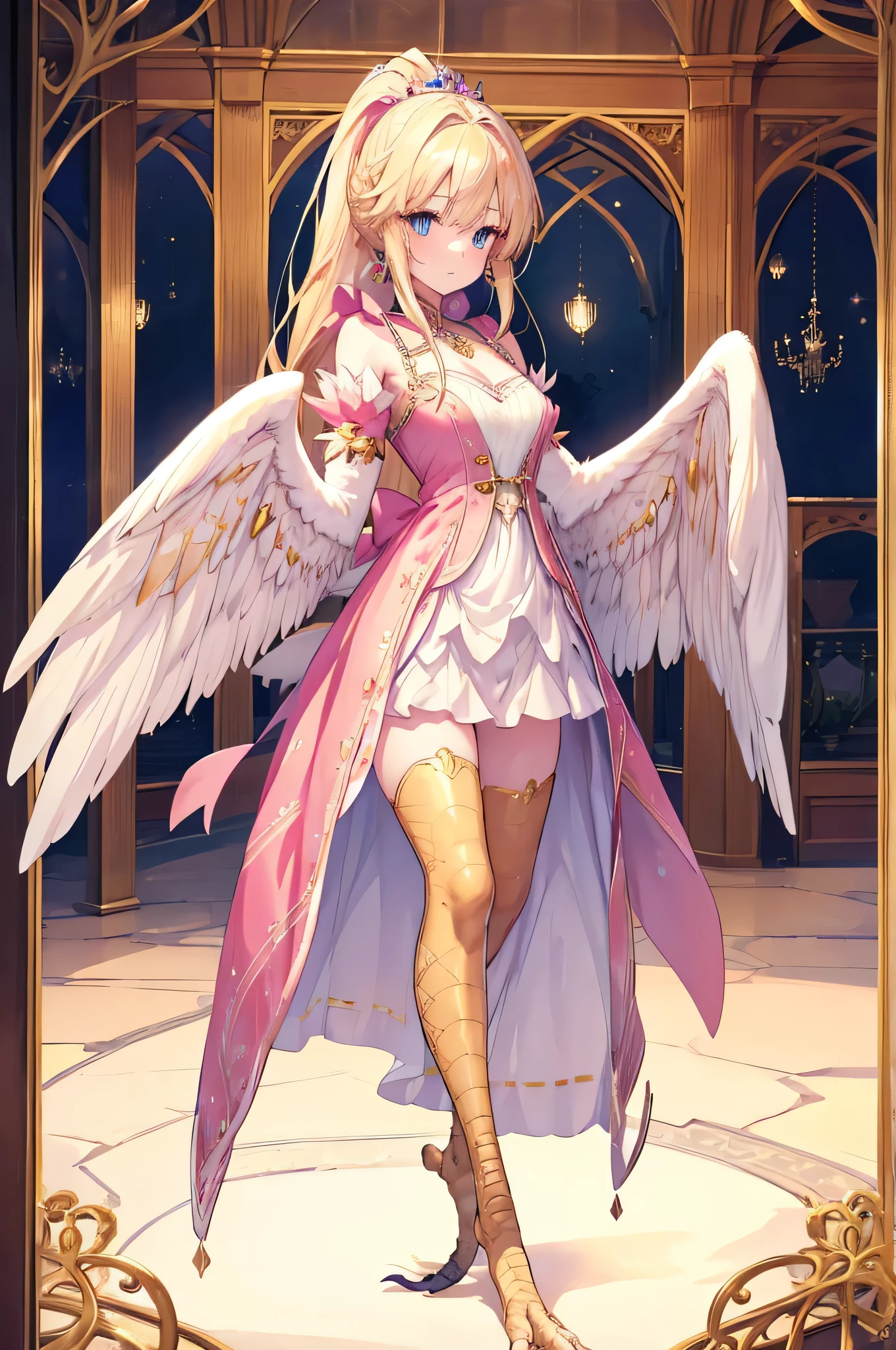 4K,High resolution,One Woman,Harpy,Blonde,Long Ponytail,Blue Eyes,White Wings,Golden toenails,princess,Pink Dress,Jeweled clothing,princessのティアラ,Medieval castle town