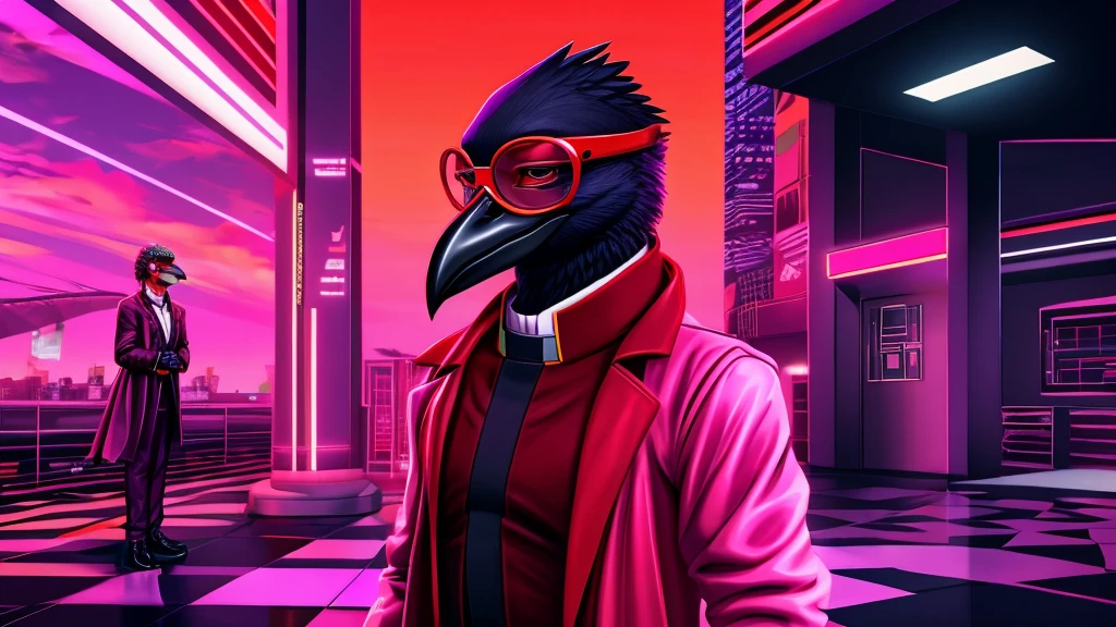 corvid, smiling in a sadistic and disturbing way, priest's suit with red stripes, red vest under the trench coat, round red glasses, background vaporwave.