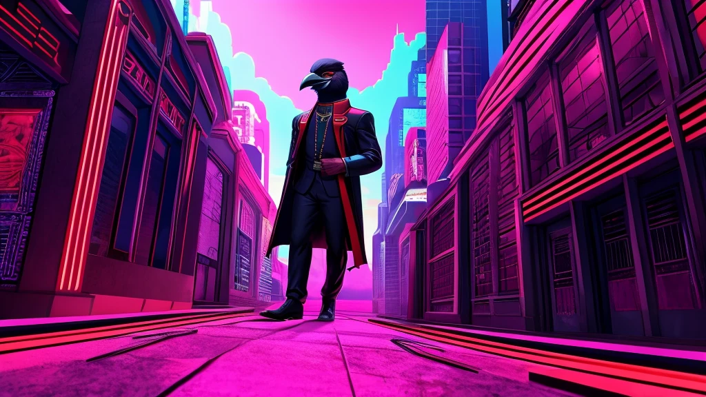 corvid, smiling in a sadistic and disturbing way, priest's suit with red stripes, red vest under the trench coat, round red glasses, background vaporwave.