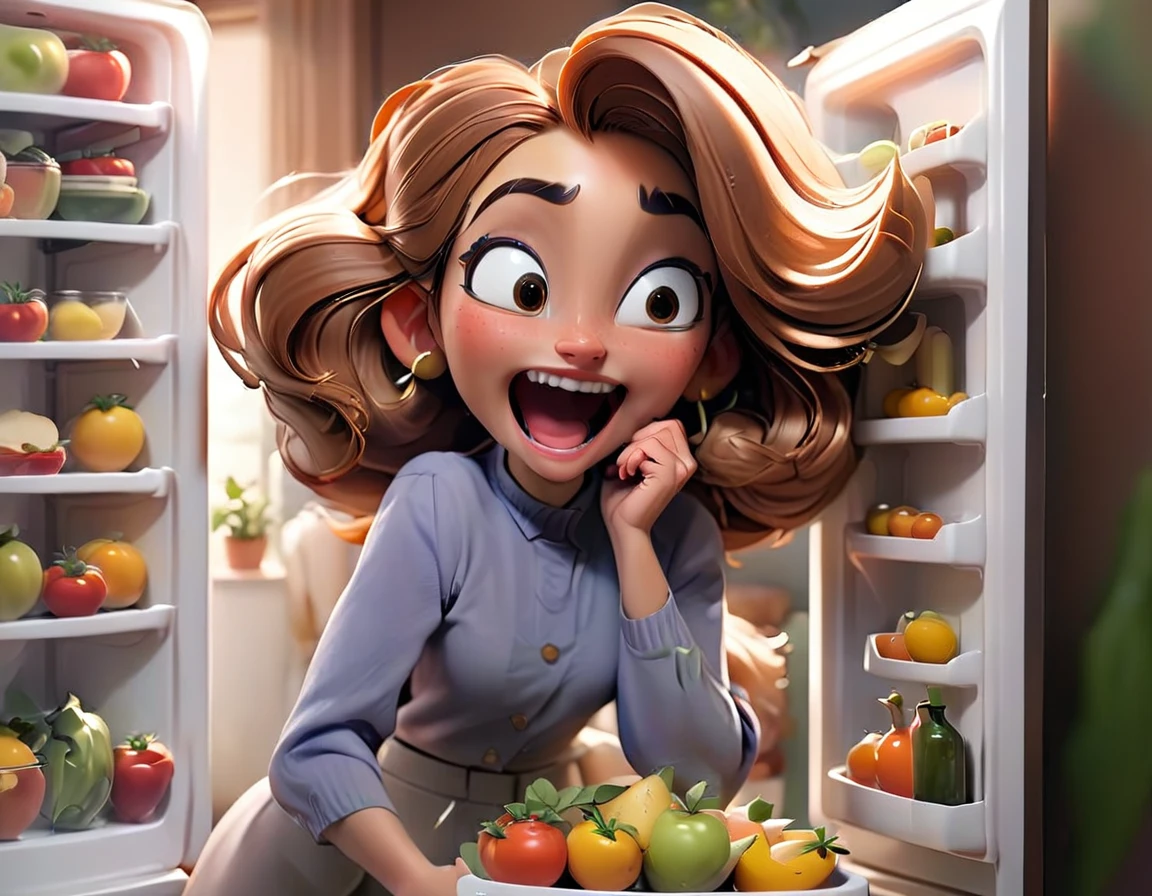 Woman opening the refrigerator and happy 