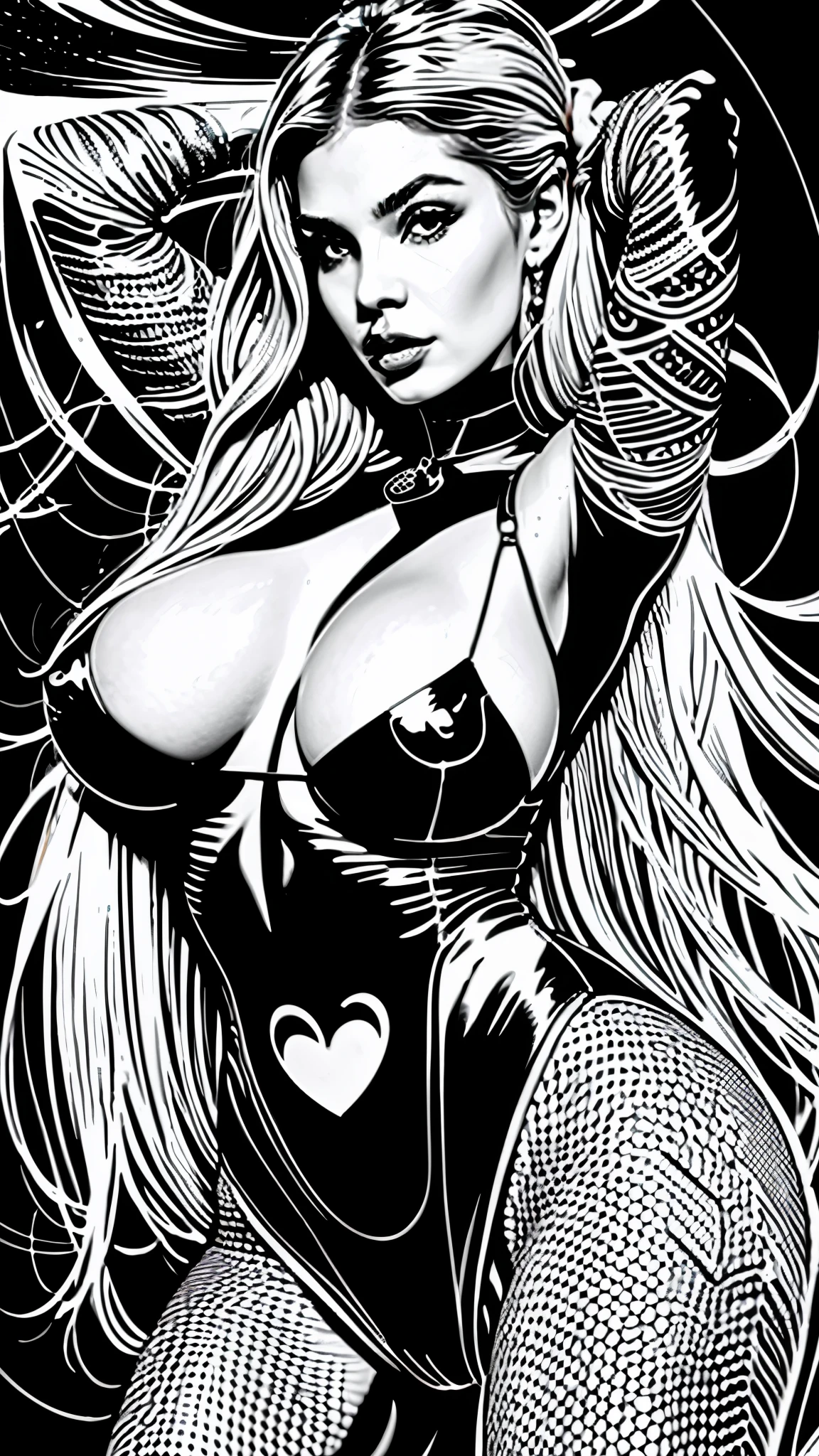 1girl, solo, (gorgeous woman) is a very sexy bimbo, light blue eyes, detailed eyes, topless, massive fake breasts, fake , plastic surgery, boob job, huge breasts, oversized , detailed areola, thick nipples, detailed nipples, cylinder shaped nipples, hourglass body, firm thighs, toned body, firm butt, detailed vagina, butterfly labia, camel toe, full lips, glossy lips, hyper feminine, long blond hair, parted on the side, smooth skin, leather choker with heart shaped pendant, White girl, fully naked, line art,