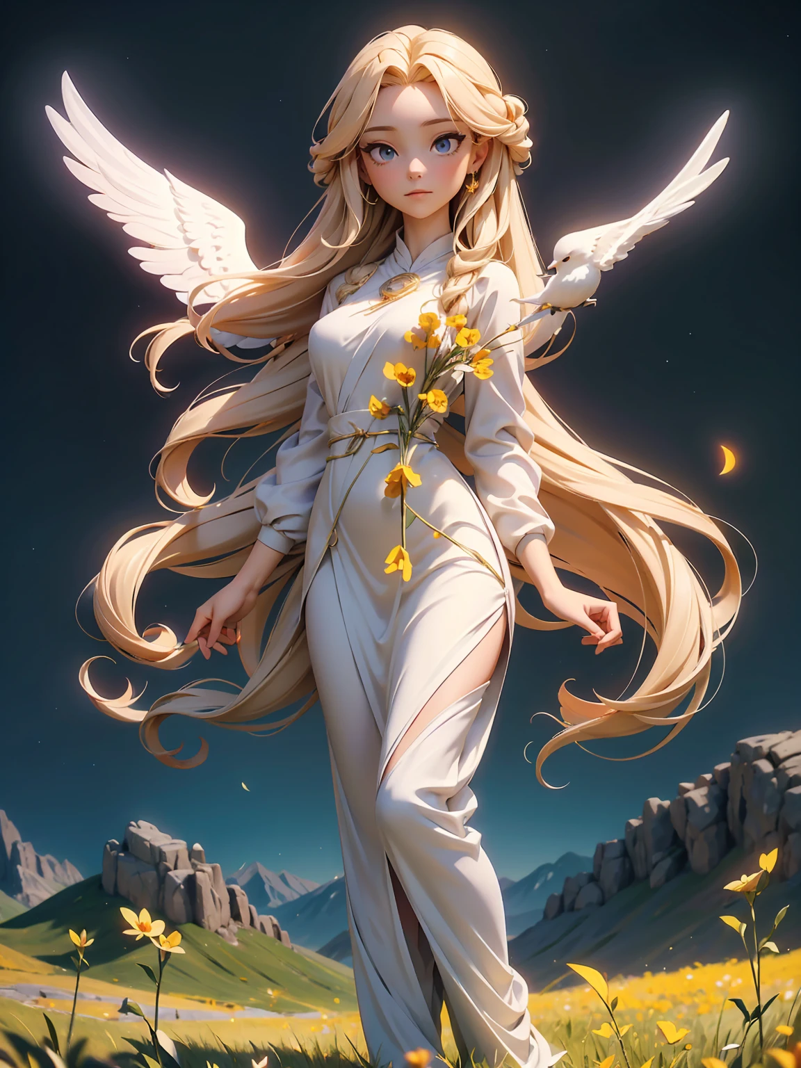 (((masterpiece, best quality, high detailed, 16k))) A radiant artwork of a benevolent female healer standing in a serene mountain meadow. The full-body view showcases her in soft, flowing white and lavender robes, exuding an aura of compassionate kindness and gentle grace. Her wavy, golden hair frames a face of angelic beauty, highlighted by warm amber eyes that radiate healing light and soothing calm. She holds a staff, delicately adorned and glowing with nurturing energy, adding to her serene presence. The scenery around her is a peaceful mountain meadow with wildflowers and a clear blue sky. The gentle breeze rustling through the grass and the sound of birdsong enhance the atmosphere of tranquil harmony, creating a scene of peaceful solace. ((full body view)), (extremely detailed:1.5)
