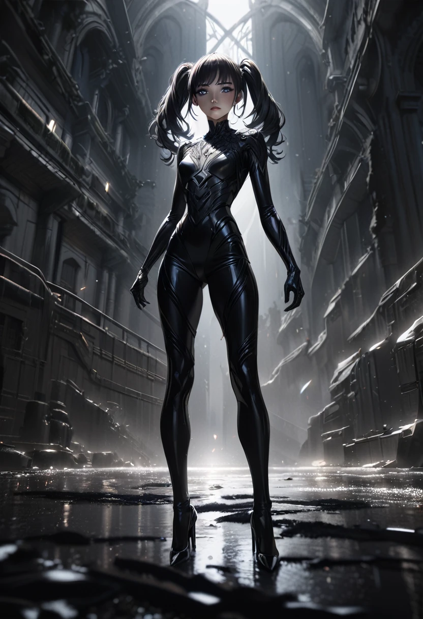 a beautiful young girl in a black symbiote suit, high heels, twin ponytails, detailed face, detailed eyes, detailed lips, flawless skin, graceful pose, dramatic lighting, dark and moody atmosphere, cinematic, highly detailed, 8k, photorealistic, digital art