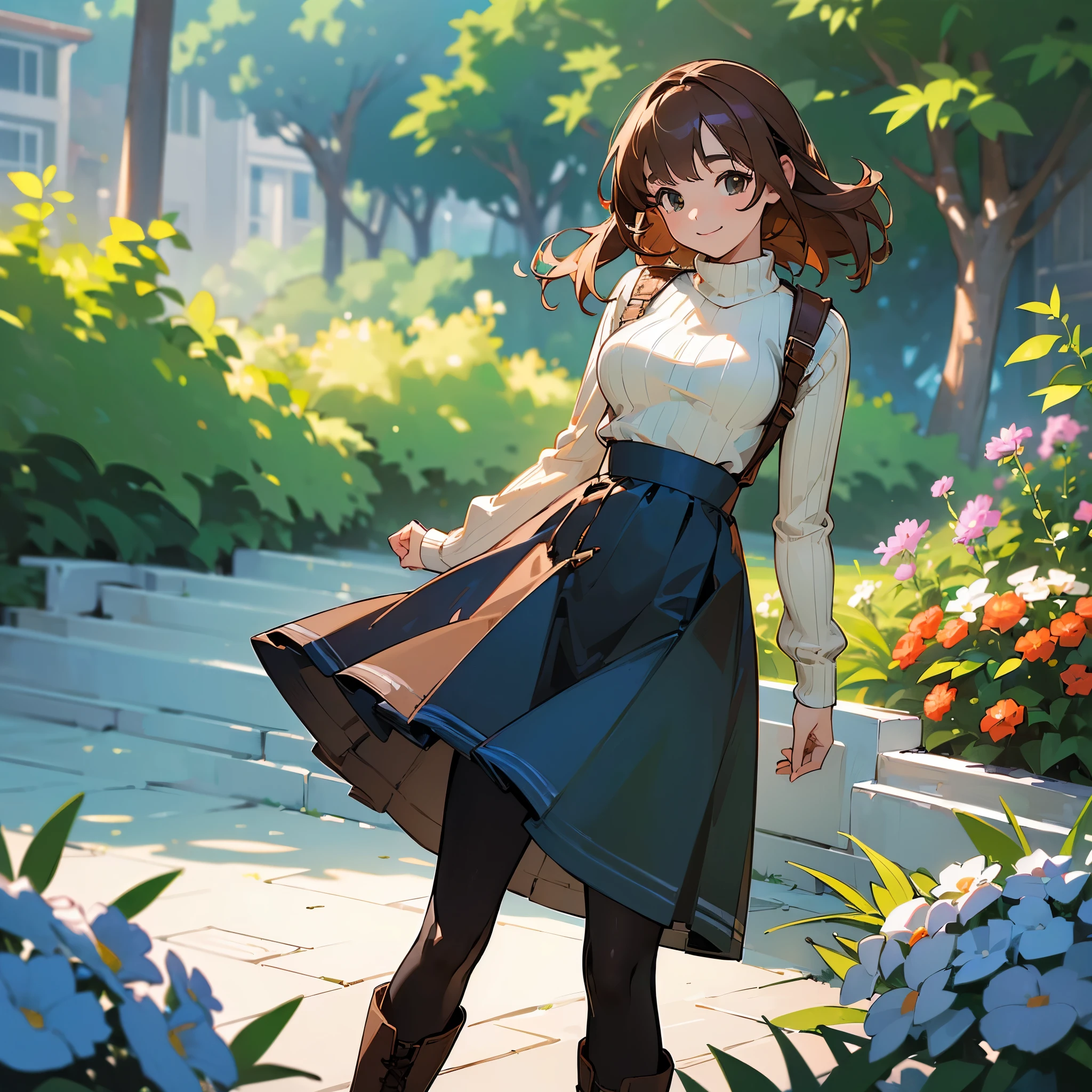 (high quality, High resolution, Very detailed, reality:1.37), Peaceful atmosphere, (Outdoor, garden), Teenage girl standing alone, (my breasts are big.), Beautiful details, Cute Smile, (Brown bob hair), Ribbed sweater, Blue Skirt, Black tights, Brown boots.