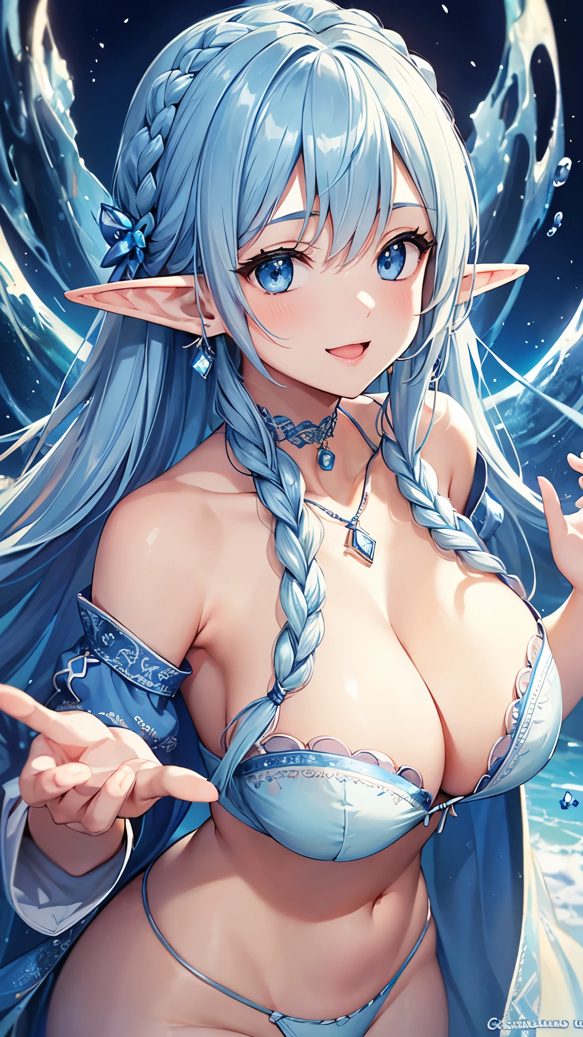 Highest quality、Highest quality、masterpiece、(8k resolution),beauty(Age 25)、(Mature Appearance)、Light blue long hair(Braiding of sides)、blue eyes、(Light blue underwear with detailed embroidery)、(Elf)、Big cleavage、((Very large breasts))、smile、blue necklace、Blue Earrings、background(ice)、Please open your mouth wide、bracelet、Dynamic pose、Blue choker、