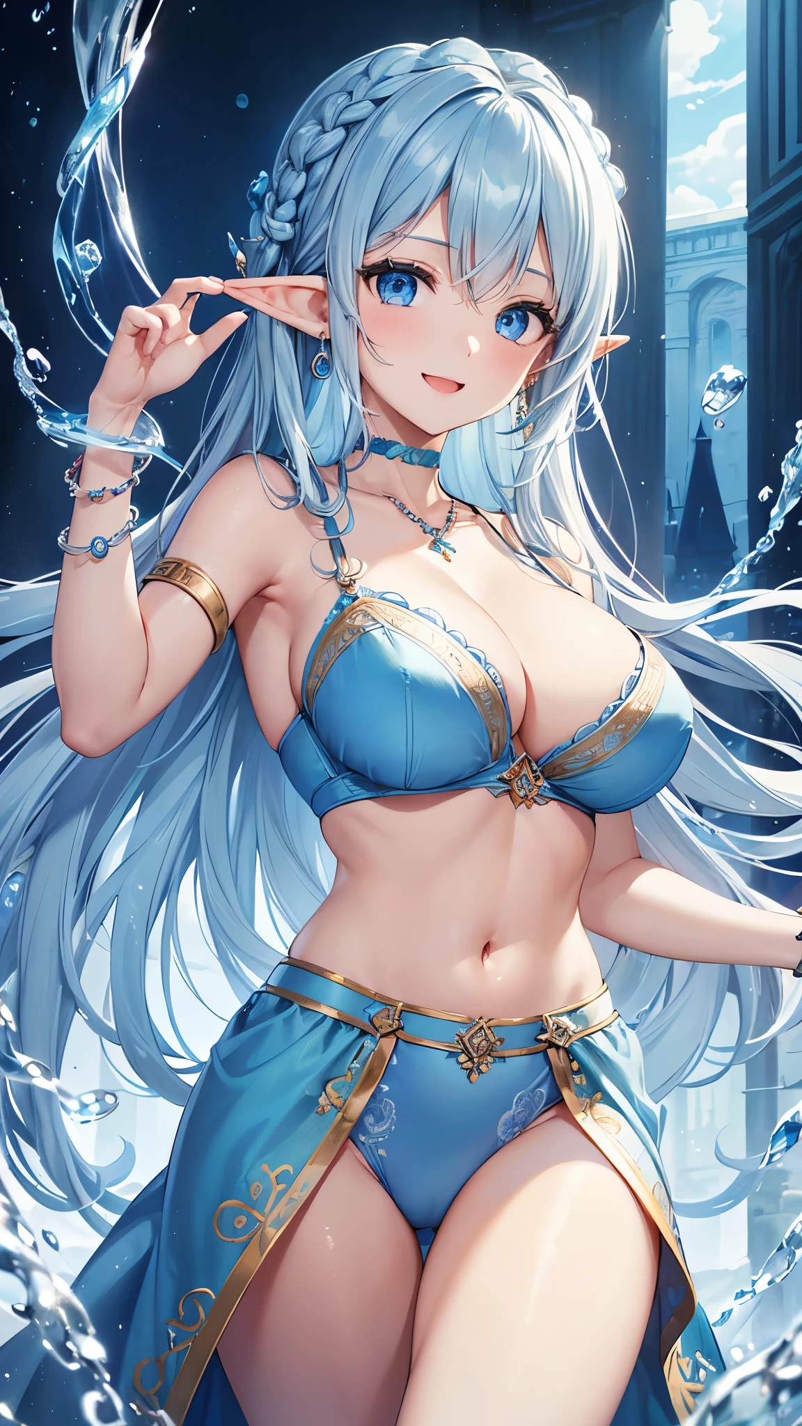 Highest quality、Highest quality、masterpiece、(8k resolution),beauty(Age 25)、(Mature Appearance)、Light blue long hair(Braiding of sides)、blue eyes、(Light blue underwear with detailed embroidery)、(Elf)、Big cleavage、((Very large breasts))、smile、blue necklace、Blue Earrings、background(ice)、Please open your mouth wide、bracelet、Dynamic pose、Blue choker、