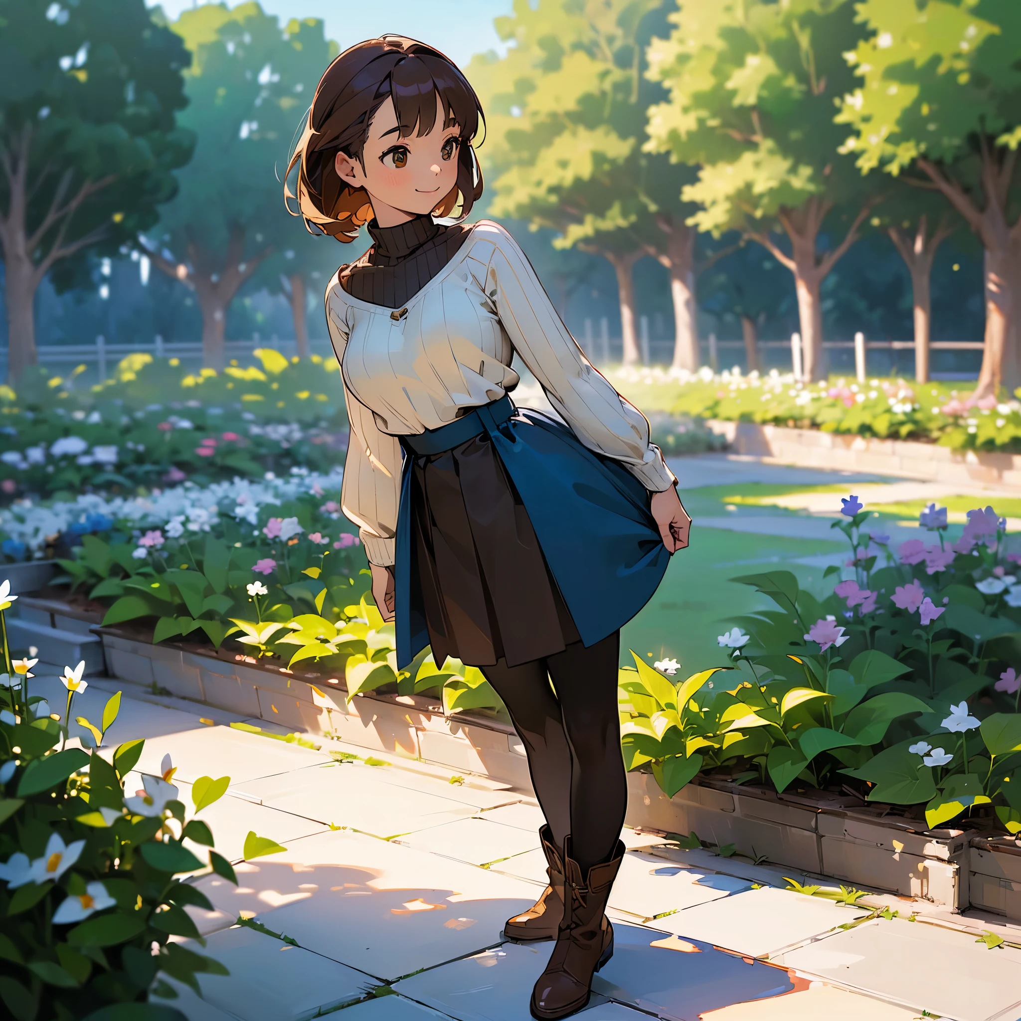 (high quality, High resolution, Very detailed, reality:1.37), Peaceful atmosphere, (Outdoor, garden), Teenage girl standing alone, (my breasts are big.), Beautiful details, Cute Smile, (Brown bob hair), Ribbed sweater, Blue Skirt, Black tights, Brown boots.