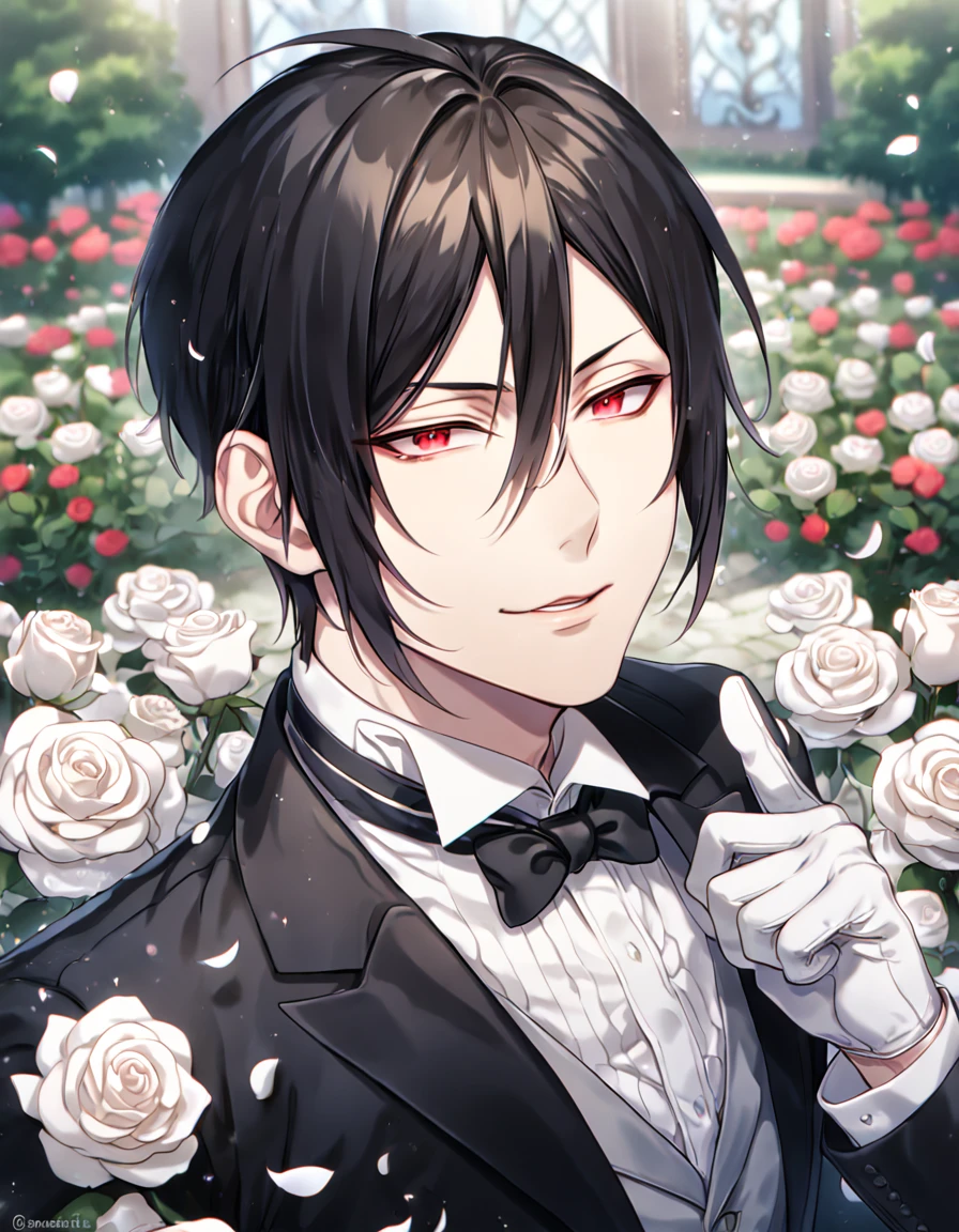 Ultra detailed, Highres, absurdres, HDR, master piece, best quality, Sebastian Michaelis, black hair, expressive red eyes, black jacket, grey vest, white shirt, Kuroshitsuji, sexy man, white petals, white roses, garden, handsome, sensual, garden of roses, white gloves, Black Butler,