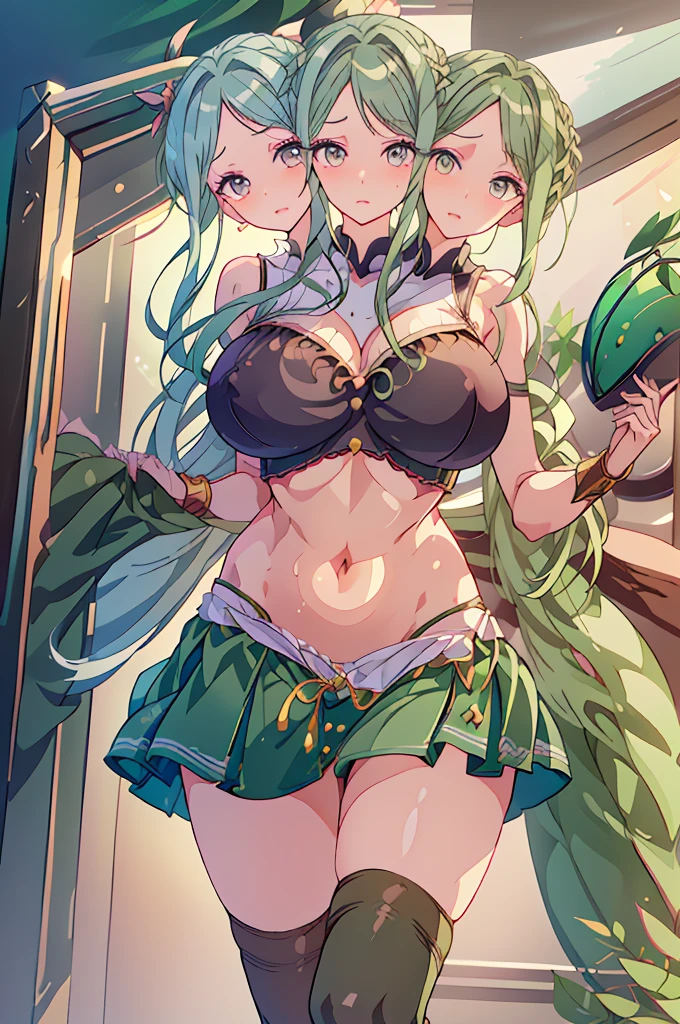 (masterpiece, best quality), best quality, (ultra-detailed), (3heads:1.5), 1girl, (mai tereida:1.3), masterpiece, best quality, ultra quality, ultra resolution, dark green top, crop top, ((stomach)), midriff, ((groin)), dark green skirt, normal ears, shackles, reseda green hair, (same hair color), very long hair, wavy hair, long sidelocks, pea colored eyes, parted lips, single horn, sweat, cute, toned belly, hand on own chest, eyelashes, (24 year old woman:1.3), (masterpiece:1.5), (best quality:1.5), (beautiful detailed), extremely detailed CG, extremely delicate and beautiful, depth of field, (finely detailed face), (perfect details:1.2), (mature female:1.3), wide pelvis, slender, large veiny breast, 16k resolution, highres, very high quality, very high definition, extremely detailed, masterpiece, reseda green hair, long hair, alluring presence, braid, short skirt, close up, very big tits, huge tits, young, waist apron, girl with three heads, three headed girl,
