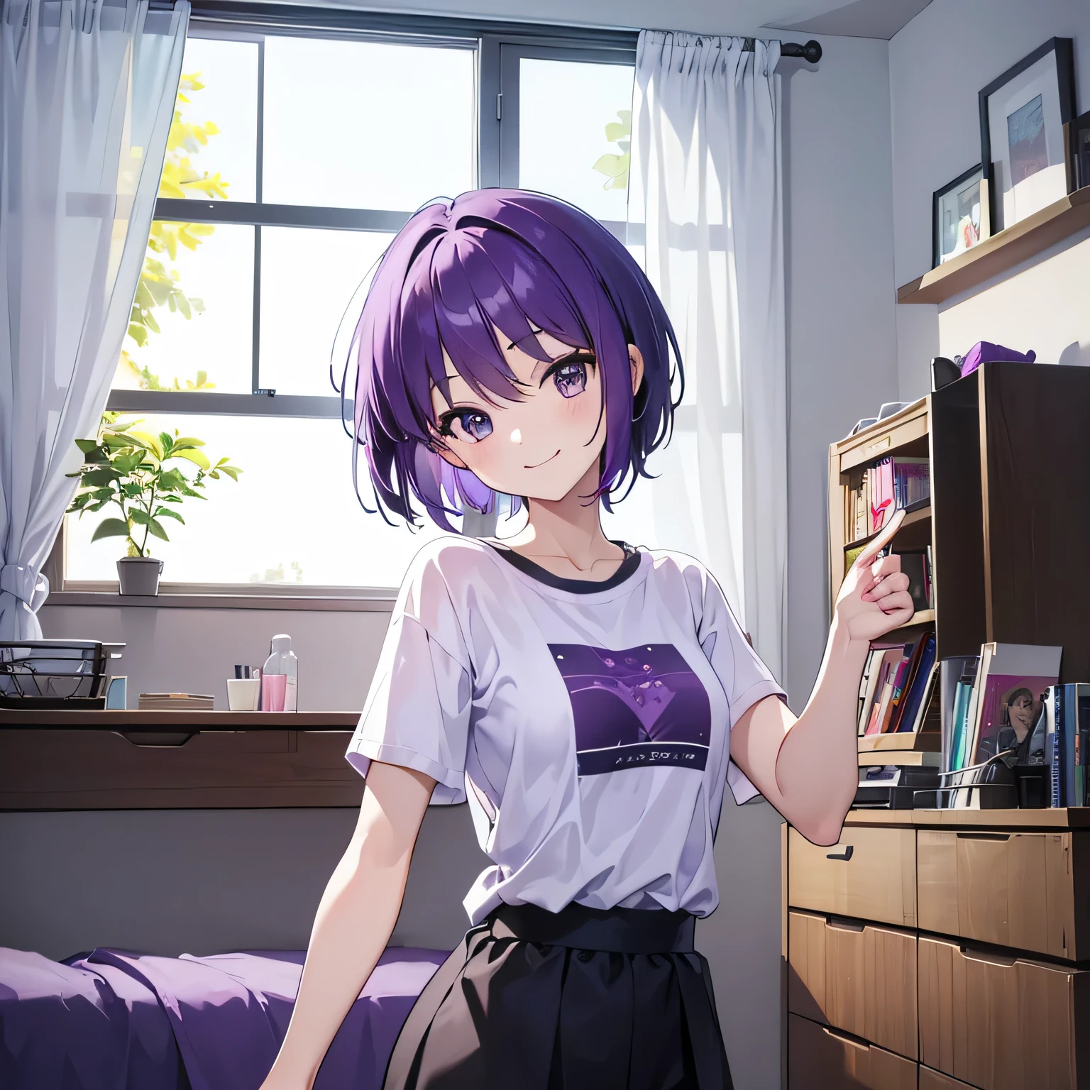 (T Masterpiece，4K wallpaper，Best Quality))、((girl１people))、(solo)、Bright and Brilliant，(Purple Hair)、(short hair:1.3)、smile、Bedroom、T-Shirtorning